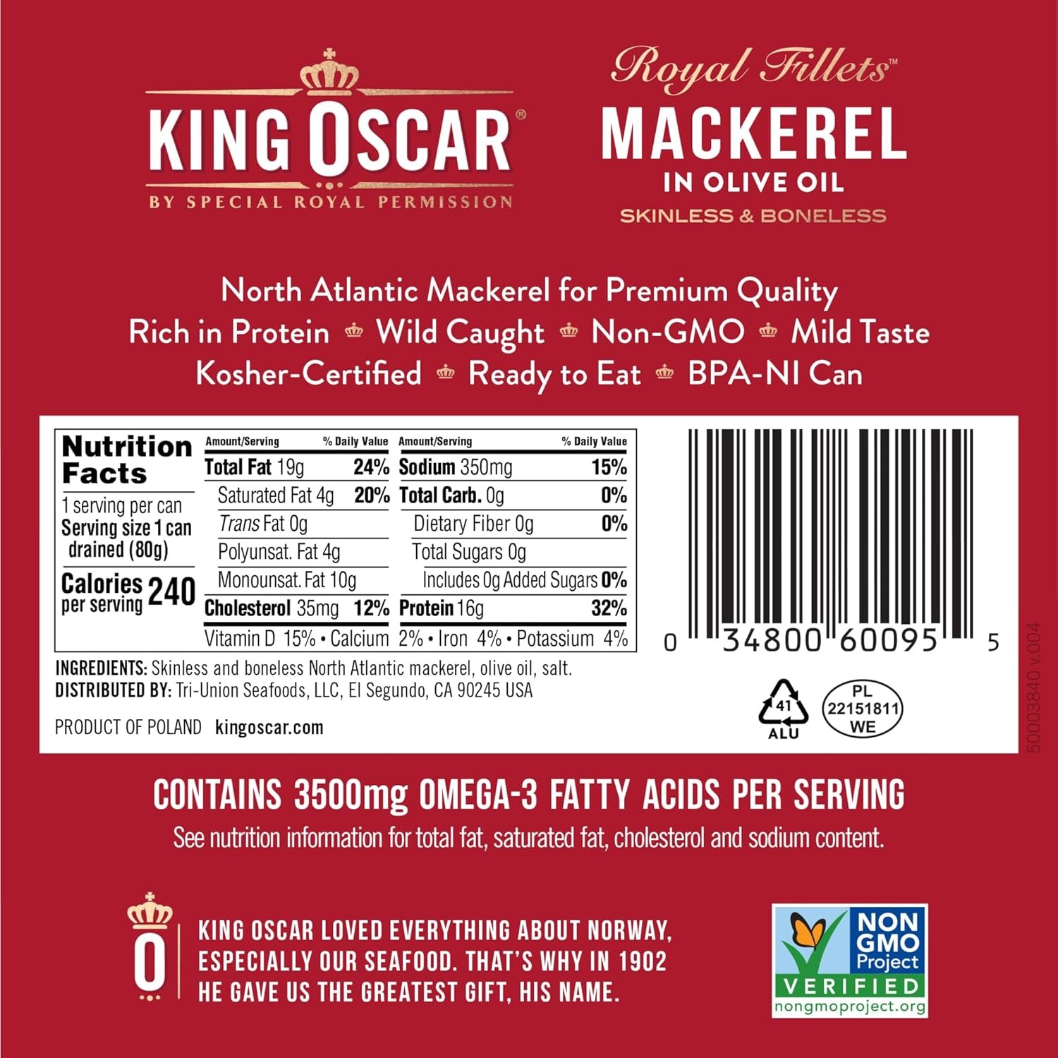 Skinless & Boneless Mackerel In Olive Oil, 4.05-Ounce Cans (Pack Of 6