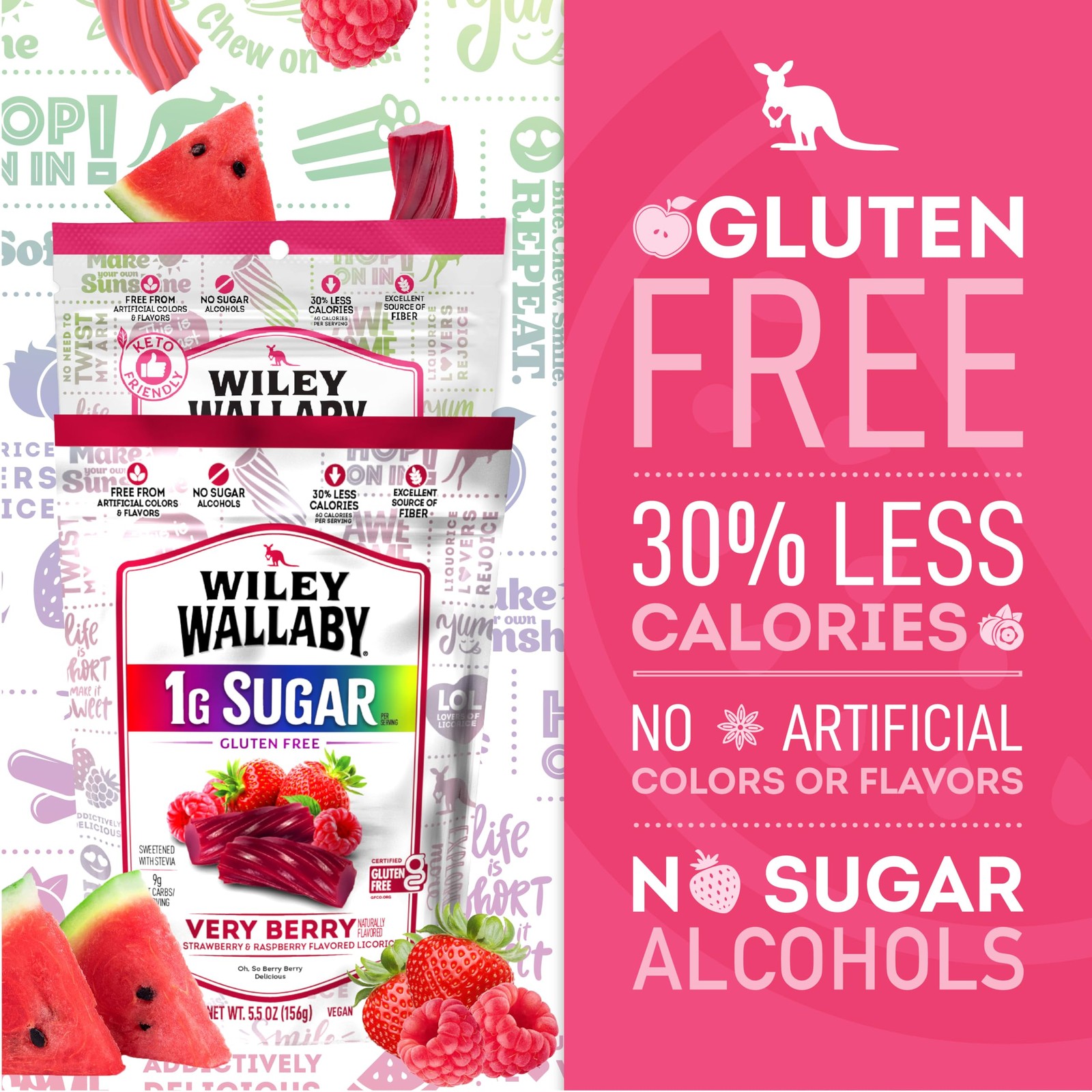 Low Sugar Gluten Free Licorice Soft Chewy Watermelon Very Berry Flavors 5.5