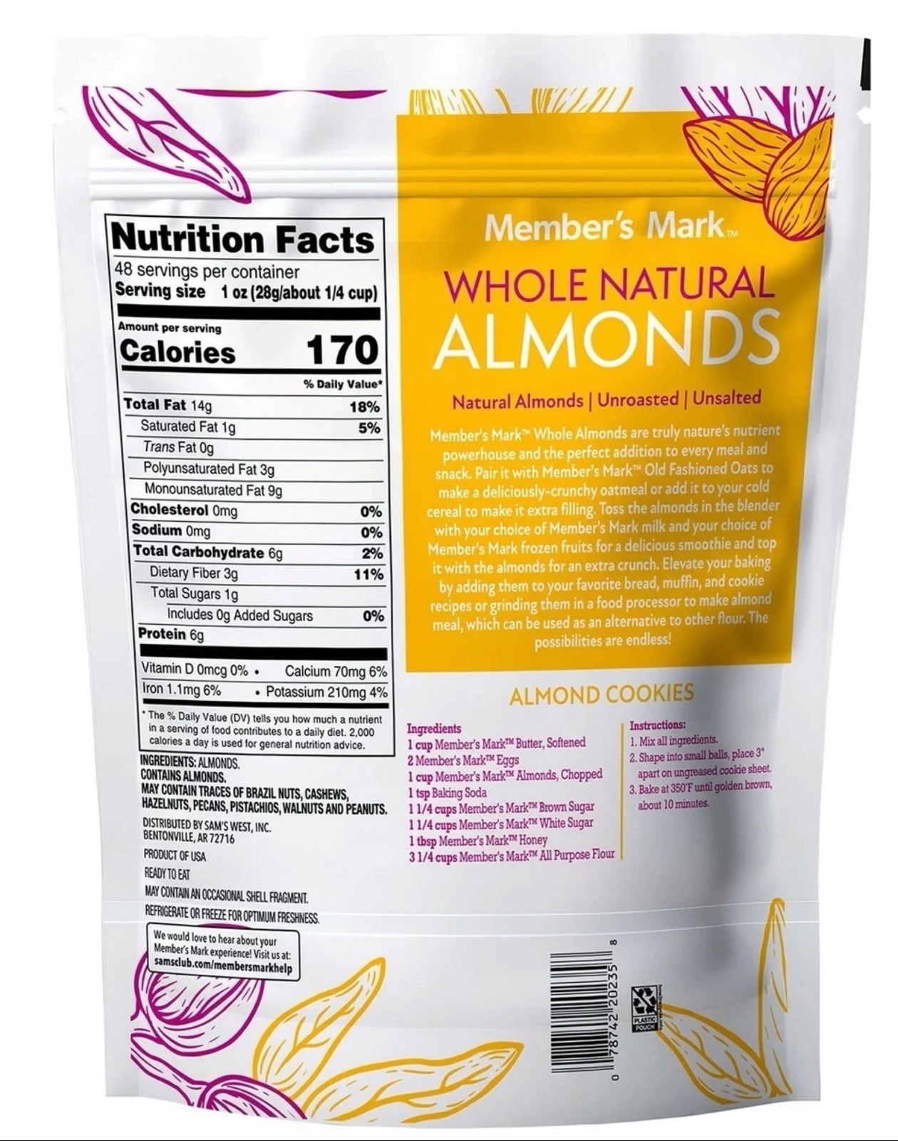 2 PACK – Member’s Mark Natural Whole Almonds (3 lbs each) Total 6 lbs. FRESH