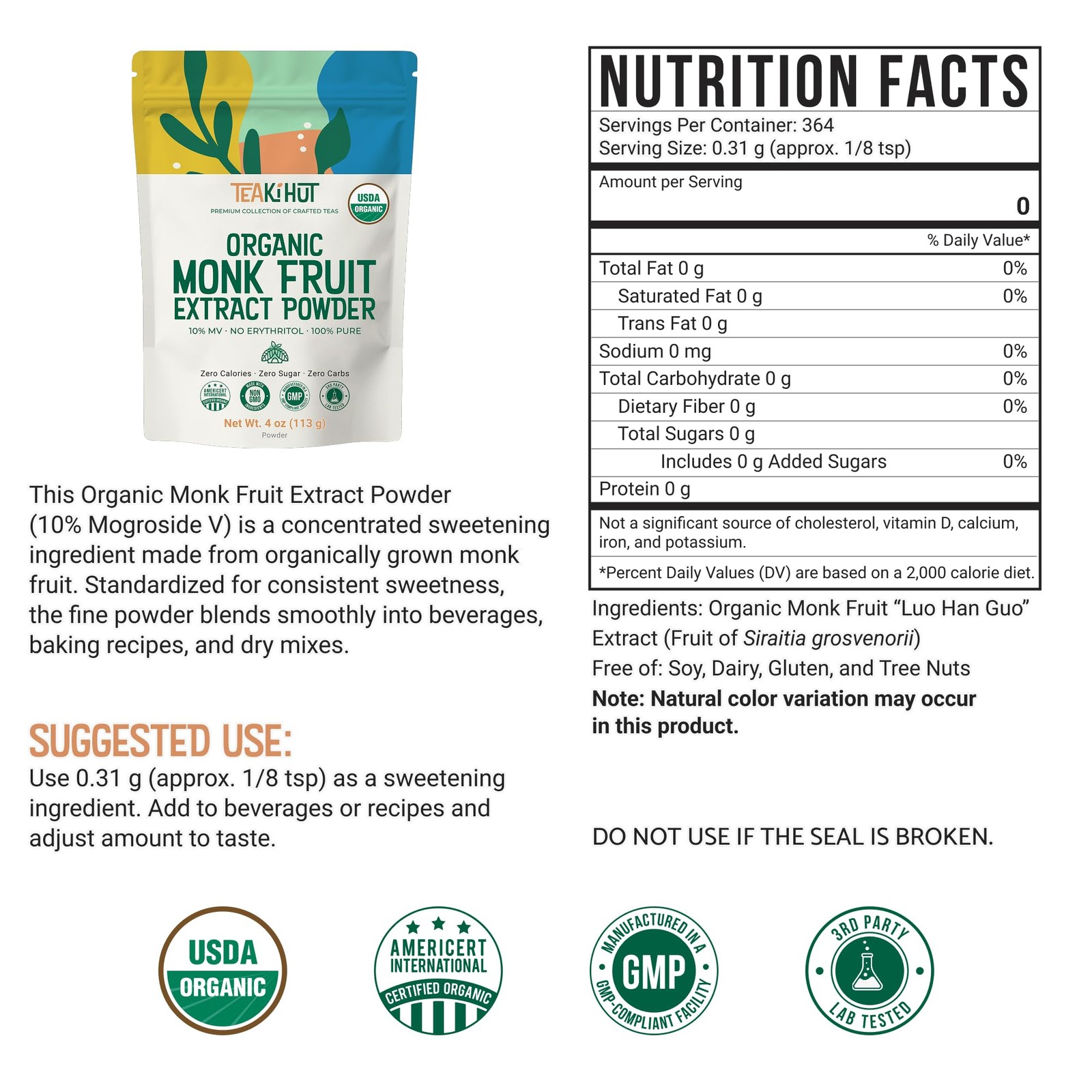 Pure Organic Monk Fruit Extract Powder, No Erythritol 4oz, 100% Monk Fruit Sw…