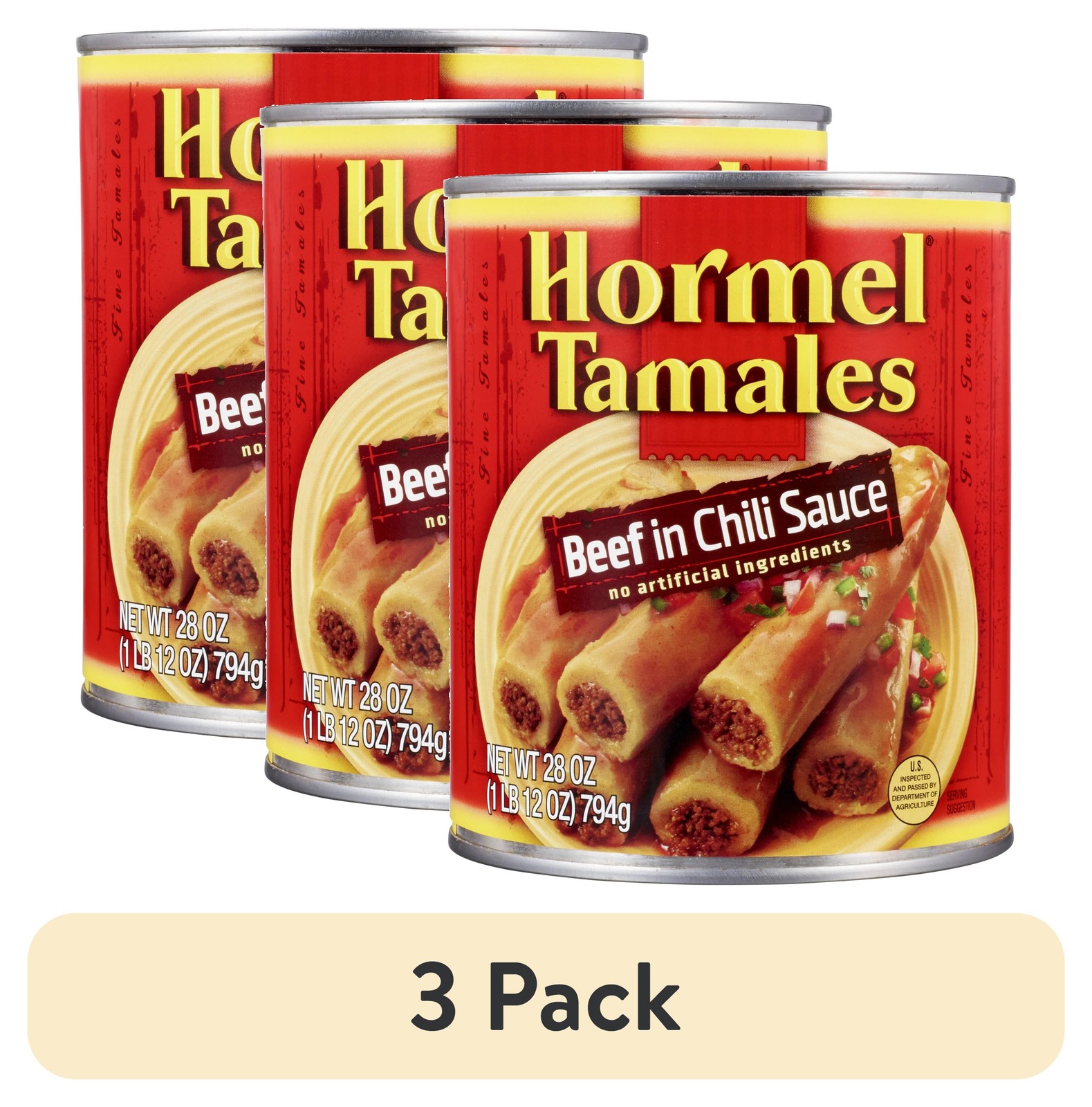 (3 Pack) Beef Tamales in Chili Sauce, Shelf Stable, 28 Oz Steel Can