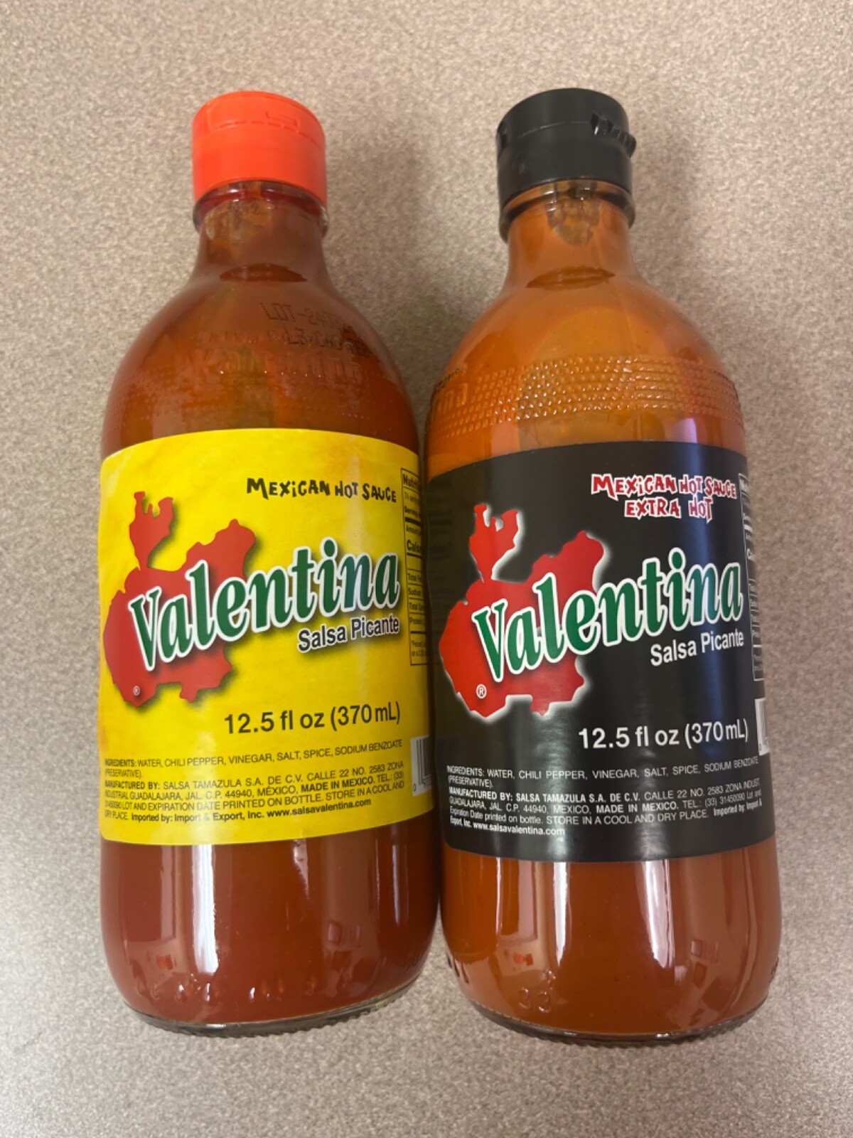 Valentina hot sauce. Hot sauce & extra hot. 12.5 fl oz (370 ml). 2 bottles.