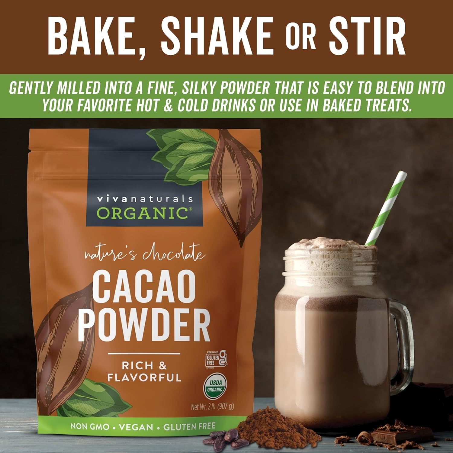Organic Cacao Powder, Unsweetened, 2 lb 907 g Rich Dark Chocolate Flavor 2 Pound