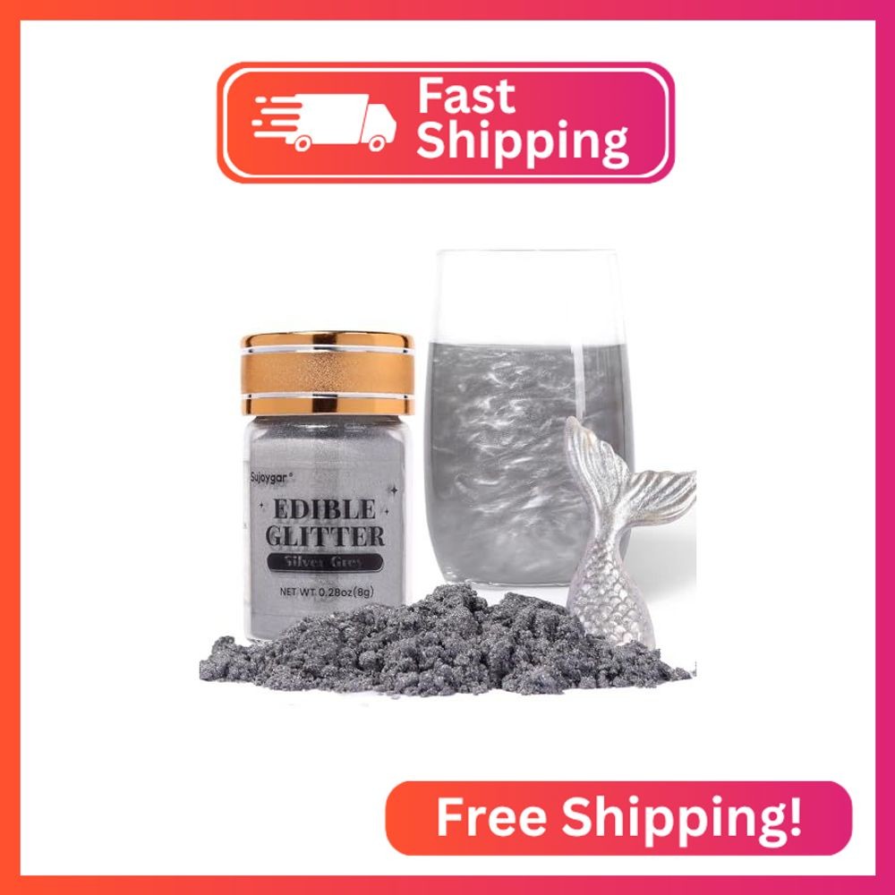 Sujoygar Silver Grey Edible Glitter, Food Grade 8g, Edible Glitter for Drinks, K