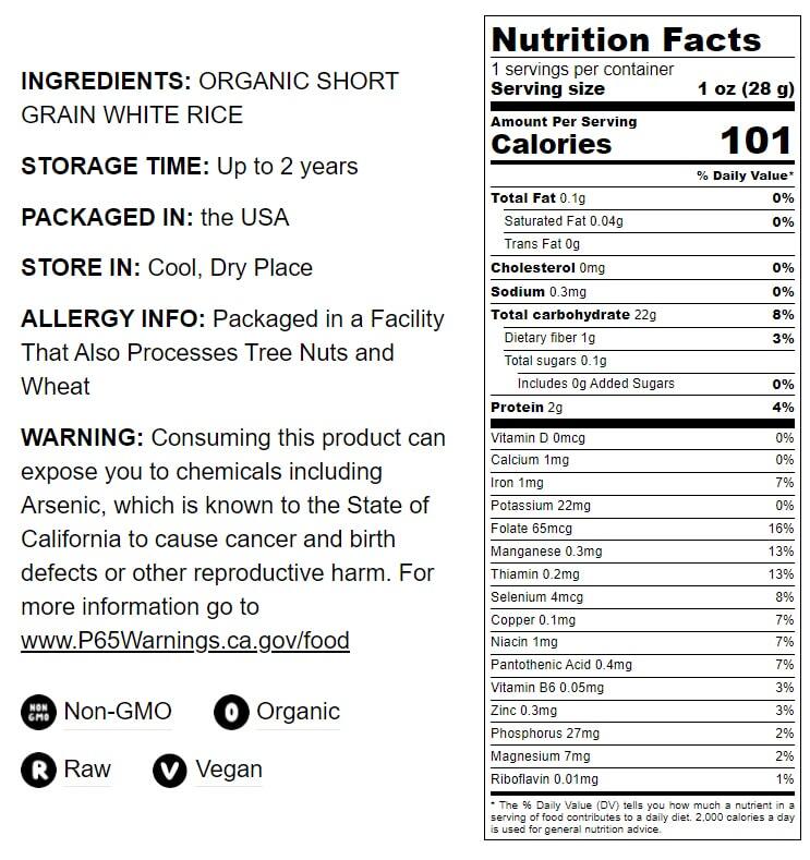 Organic Short Grain White Sushi Rice — Non-GMO Sticky Rice, Vegan, Easy to Cook
