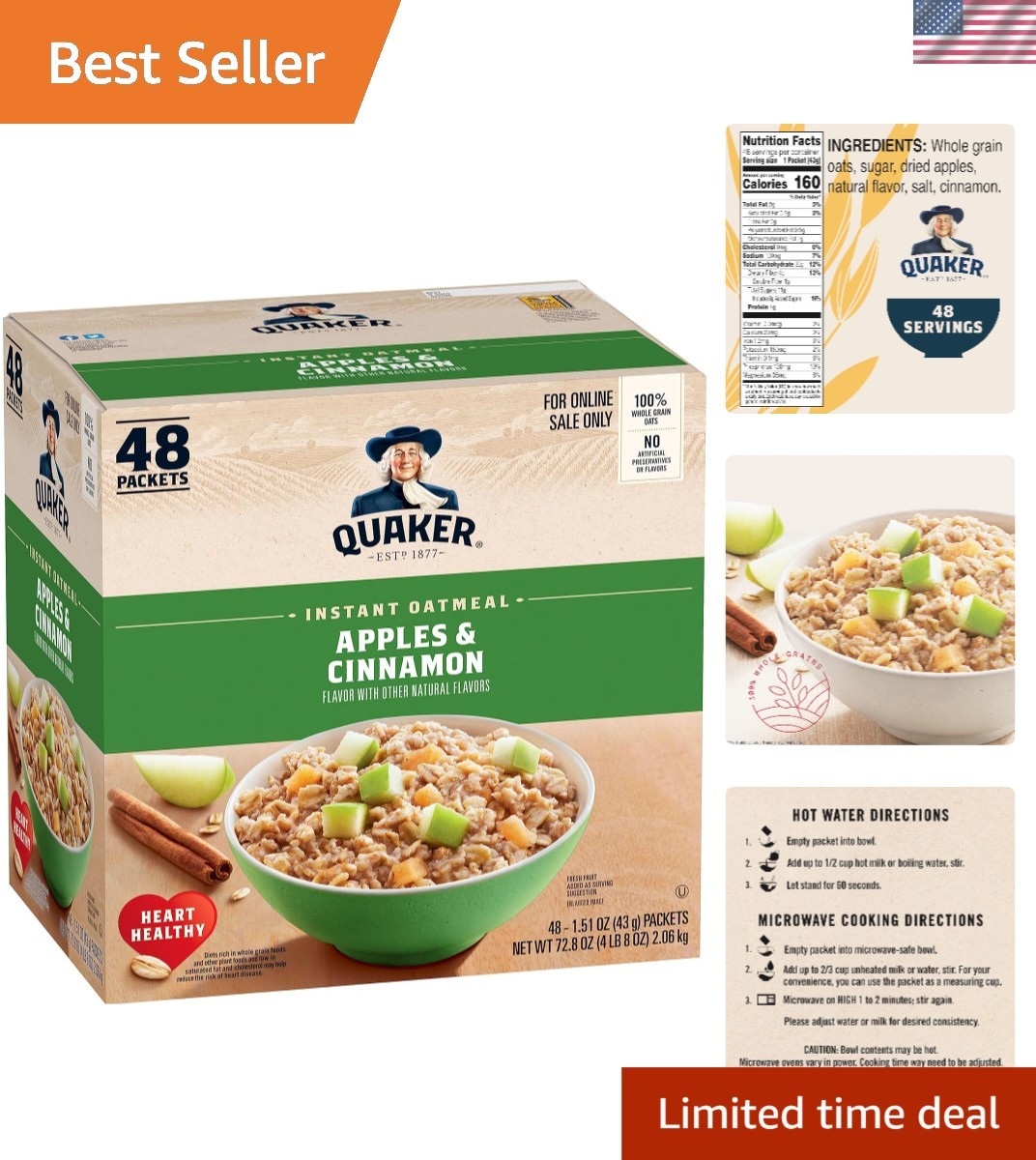 Fiber-Packed Instant Oatmeal, 48 Packets of Apples & Cinnamon, Vegetarian Option