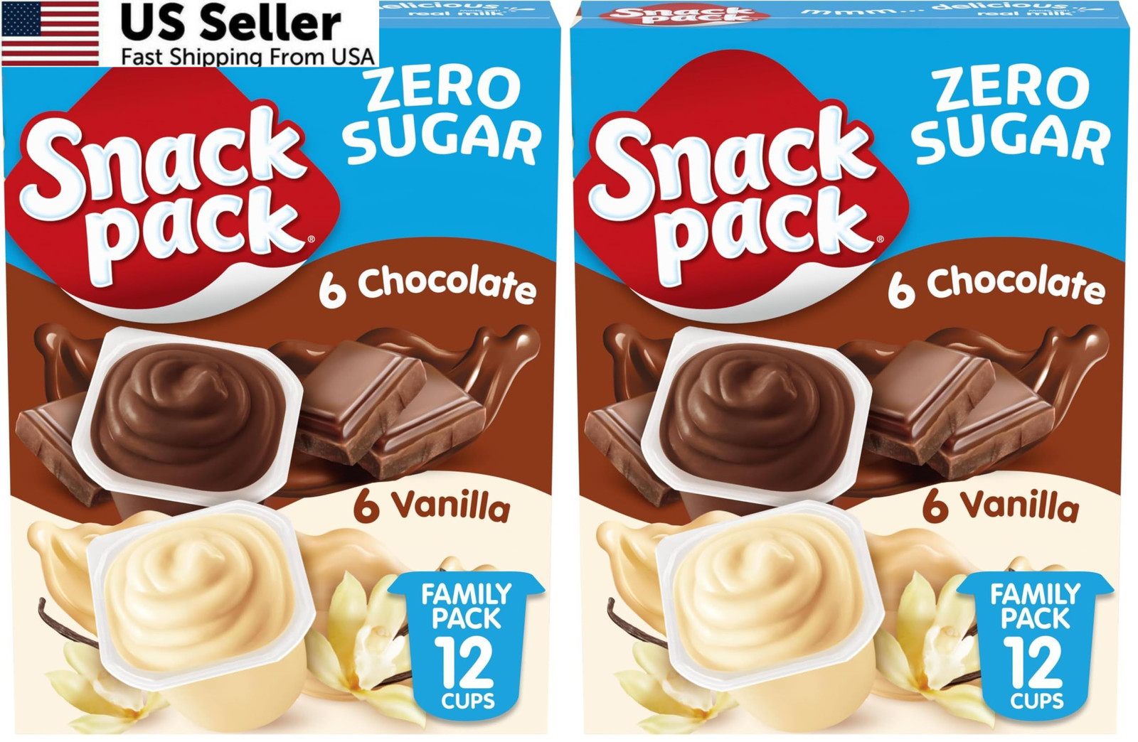Snack Pack Zero Sugar Chocolate and Vanilla Flavored 12 Count (Pack of 2)