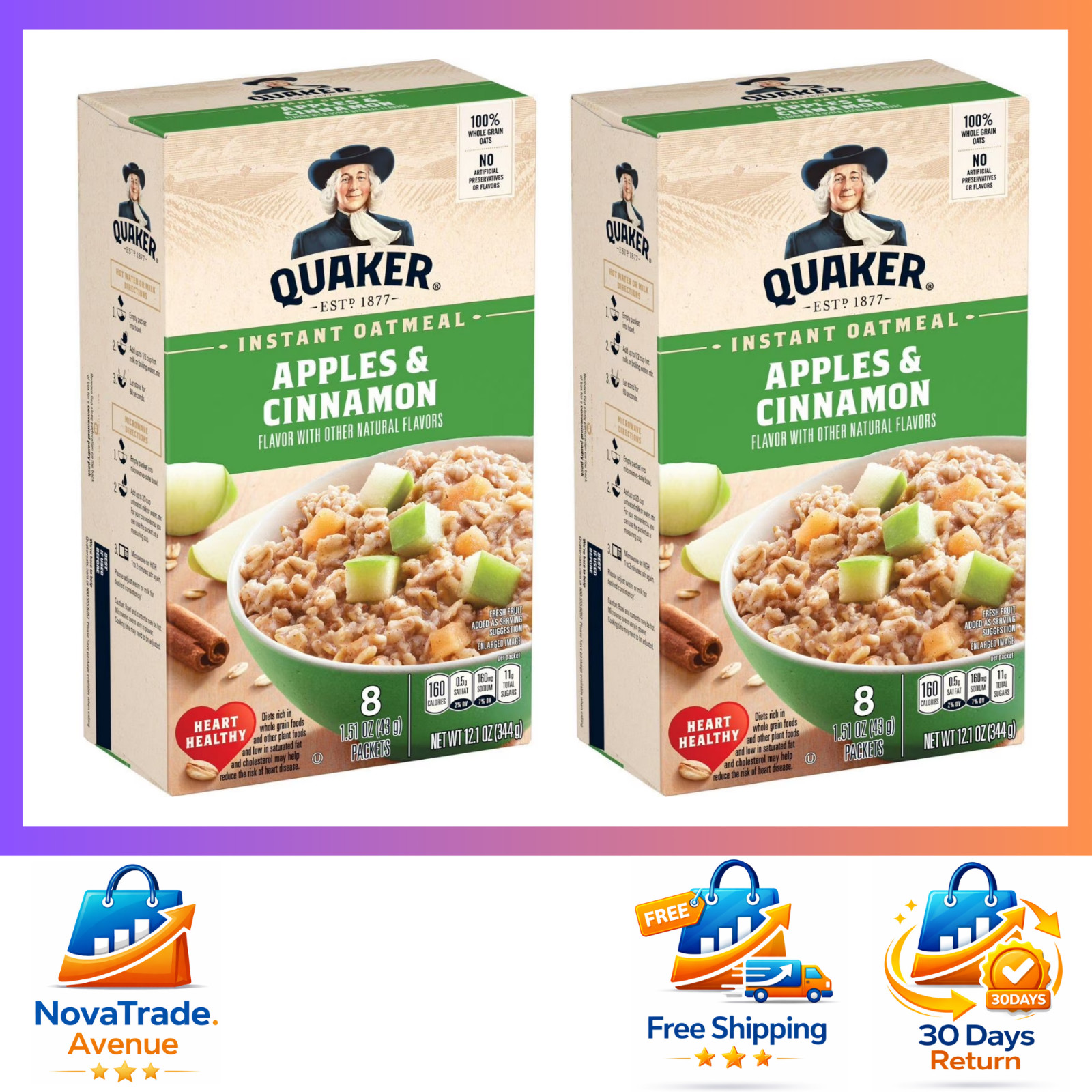 Quaker Instant Oatmeal Apple and Cinnamon – 8 Count/12.1 Oz – 2 Pack