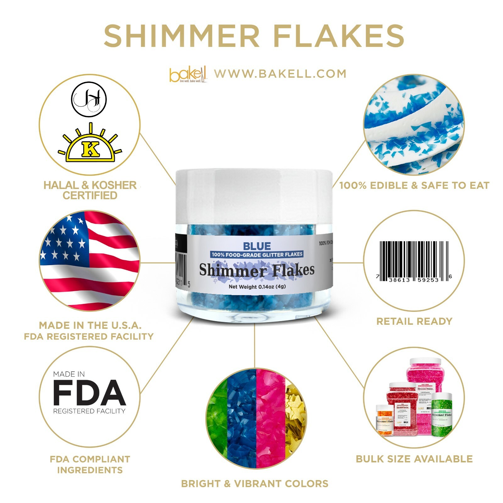 Blue Edible Shimmer Flakes 4g Jar | Edible Glitter Freezer & Bake Safe Flakes