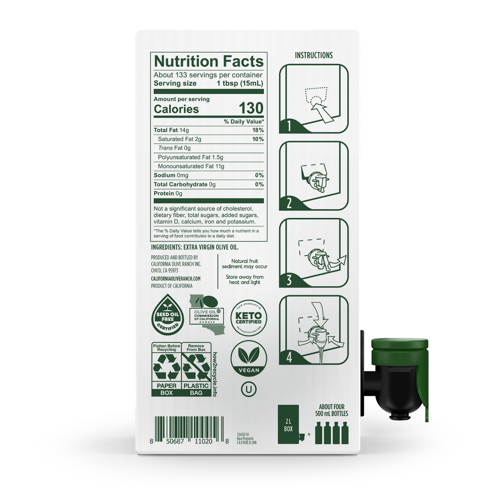 2 LT California Olive Ranch, 100% California Bag-in-Box Extra Virgin Olive Oil.