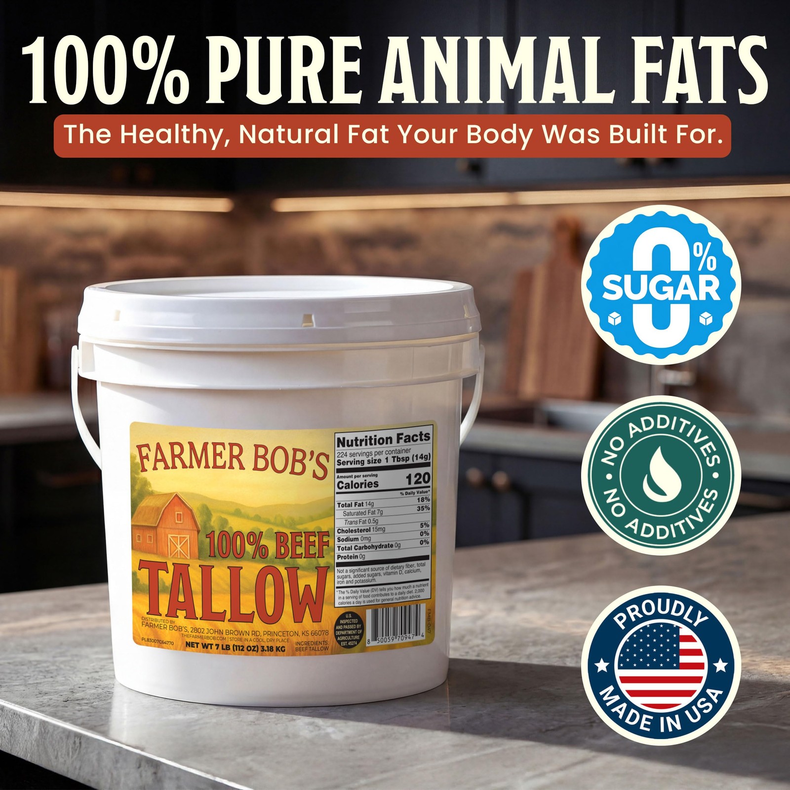 Farmer Bob’s 100% Beef Tallow for Cooking, 7 lb Bucket 112 Ounce (Pack of 1)