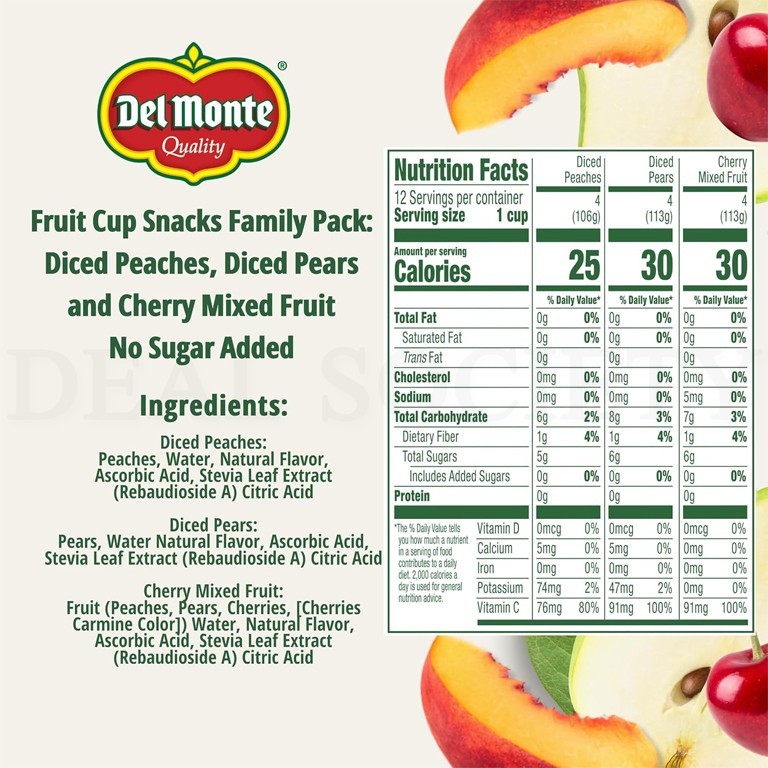 Del Monte Fruit Cup Snacks Variety Pack No Added Sugar 12 4oz Cups Each Lot of 4
