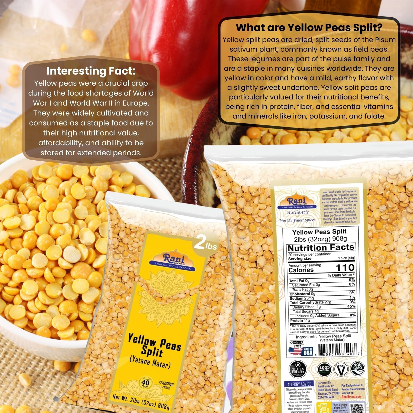 Rani Yellow Peas Split, Dried (Vatana, Matar) 32oz (2lbs) 907g