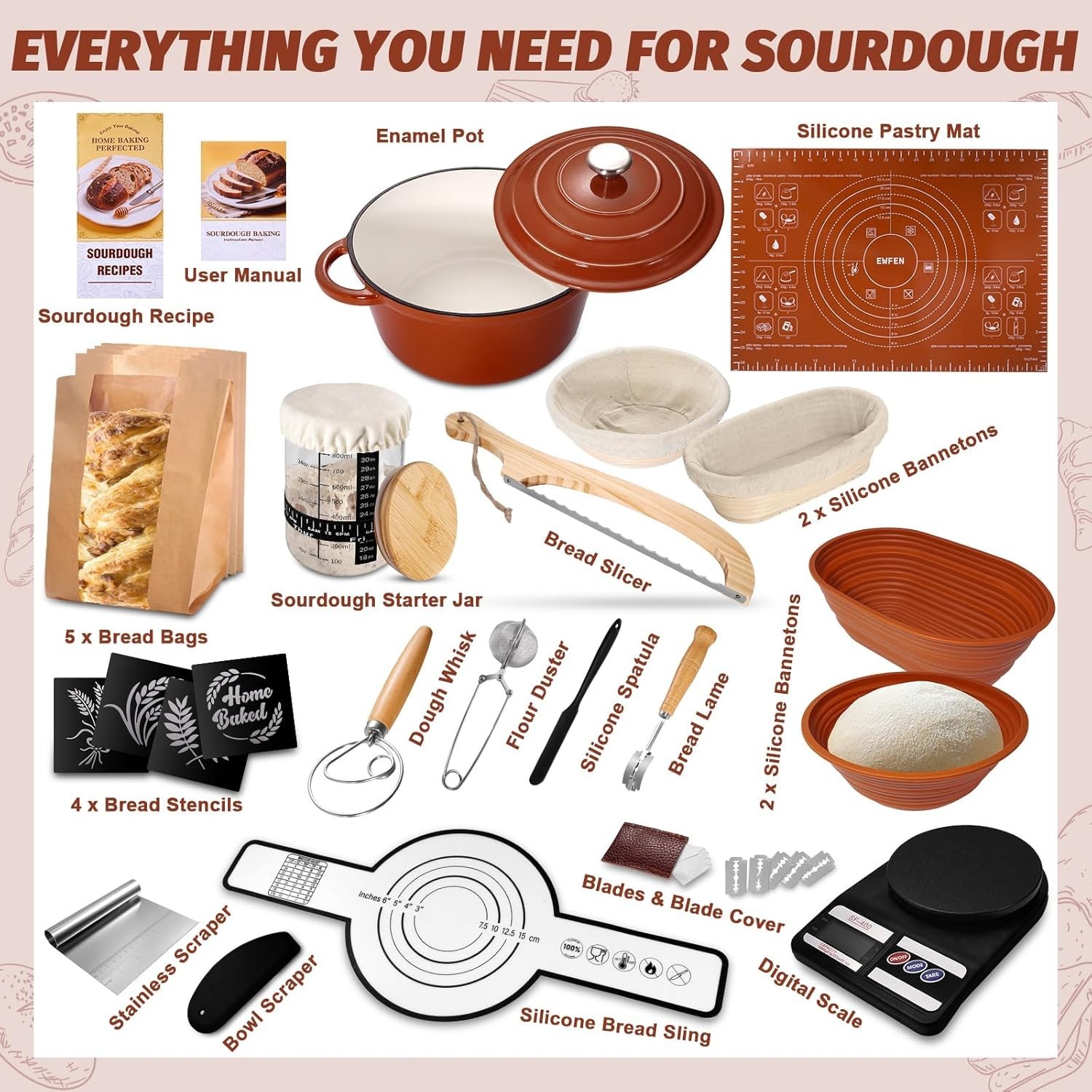 Sourdough Starter Kit Enamel Pot Bread Proofing Baskets Supplies Complete Set