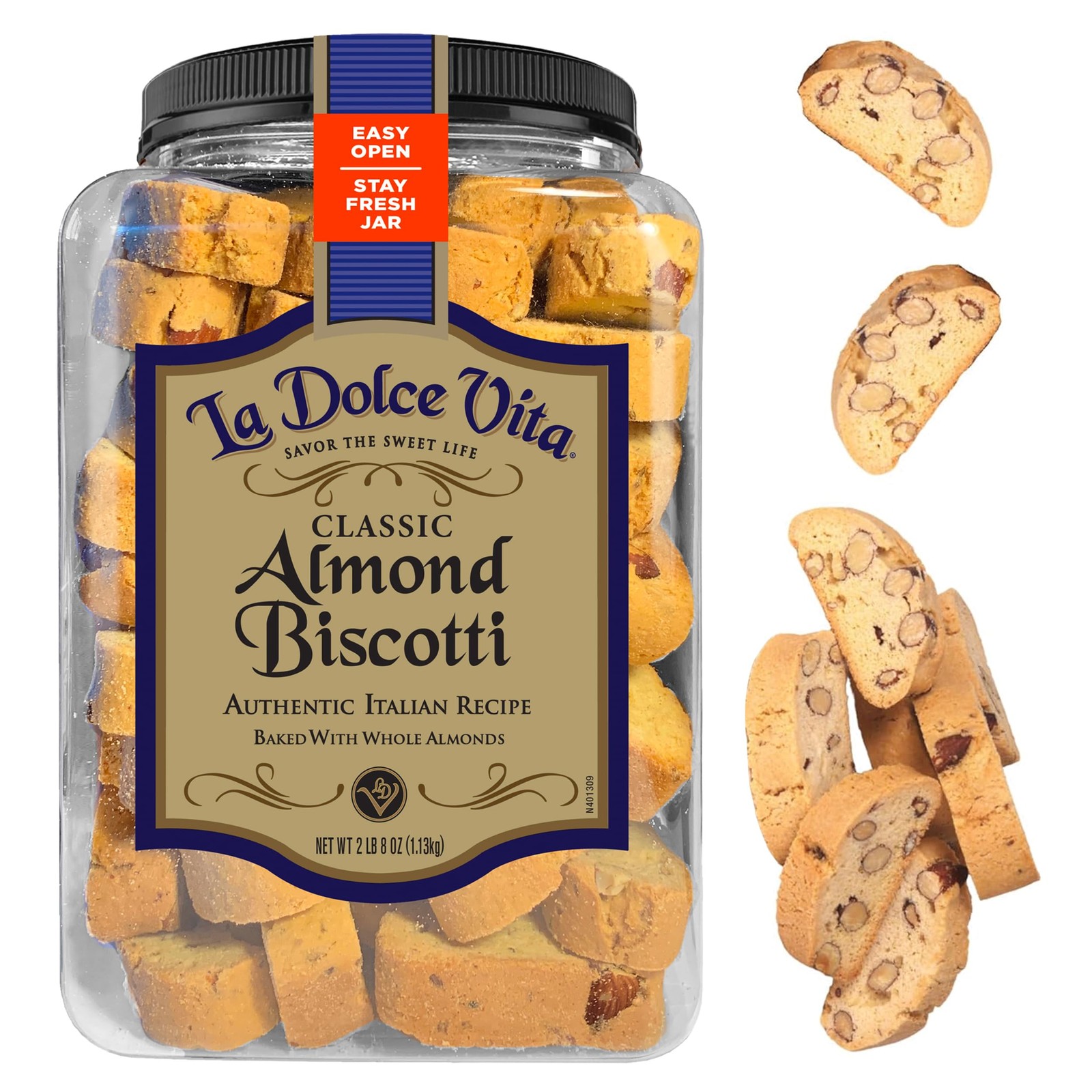 La Dolce Vita Classic Almond Italian Biscotti Cookies, 40 oz Jar – Authentic