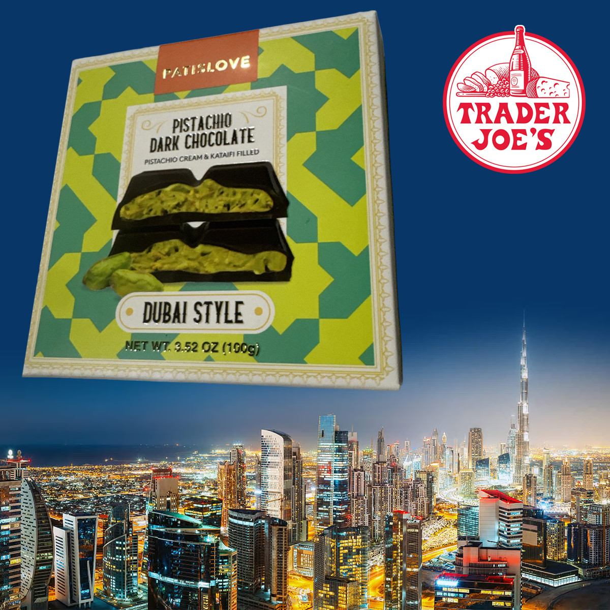 1x Dubai Chocolate – Pistachio Dark Chocolate Dubai Style PATISLOVE 3.52oz 100g