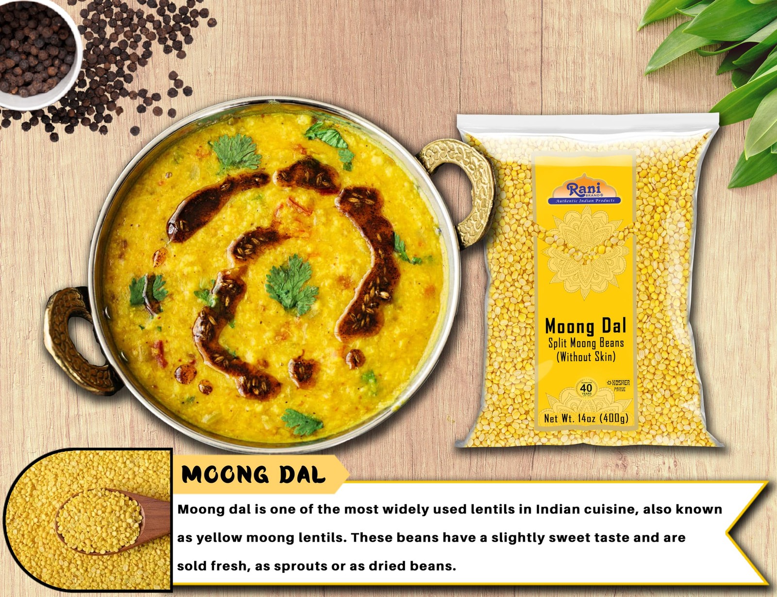 Rani Moong Dal (Split Mung Beans Without Skin) Lentils 14 Ounce (Pack of 1)
