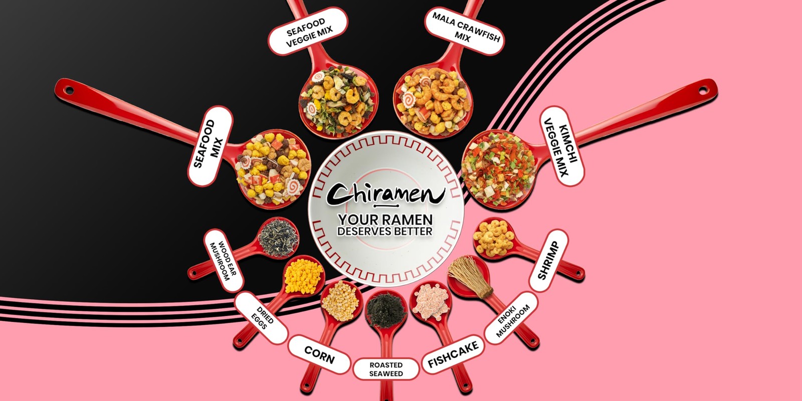 CHIRAMEN Seafood Veggie Mix Dried Ramen Toppings, Shrimp, Fishcake, Cup Ramen