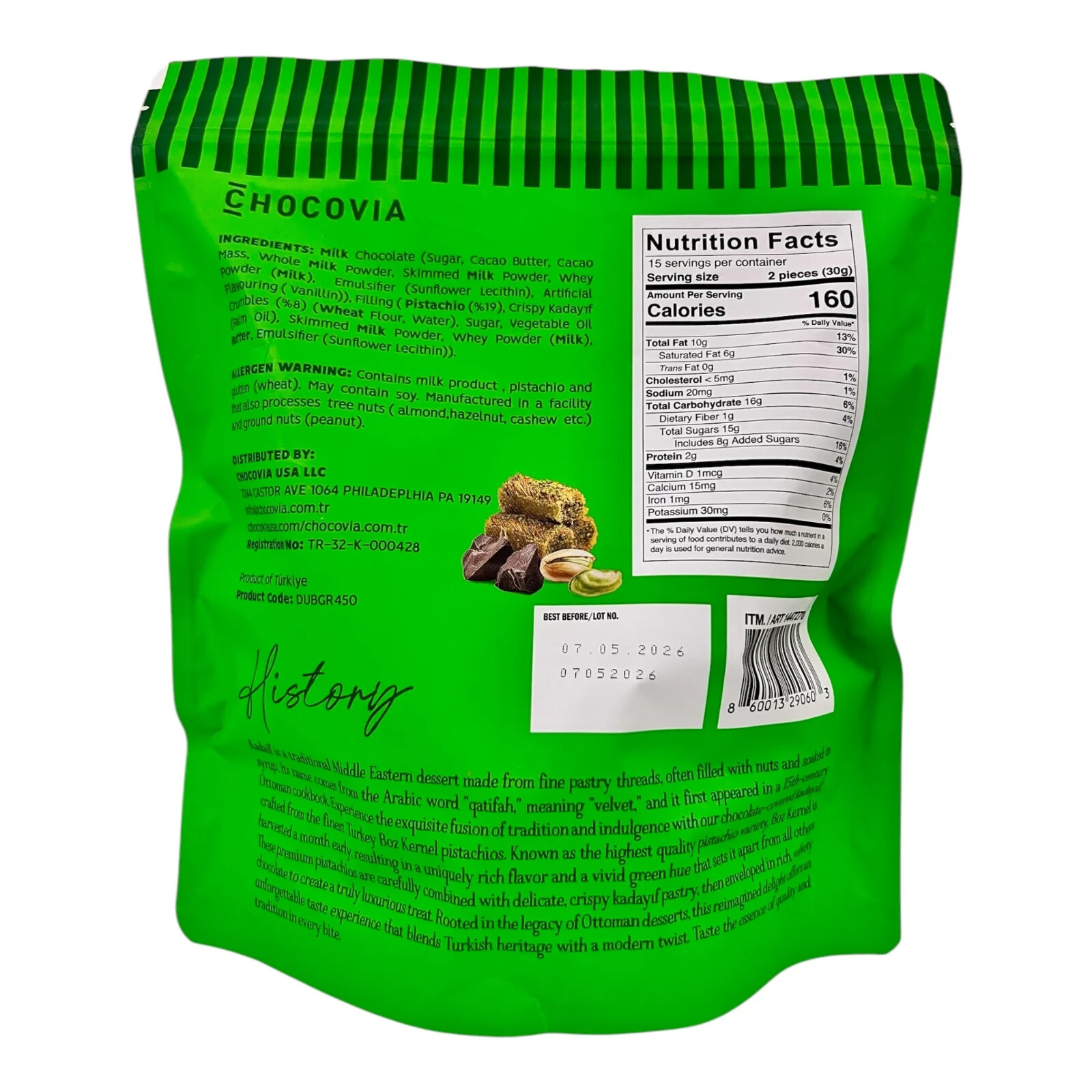 Chocovia 15.87 oz DUBAI STYLE Milk Chocolate with Pistachio & Kadaif *BB 9/2026*