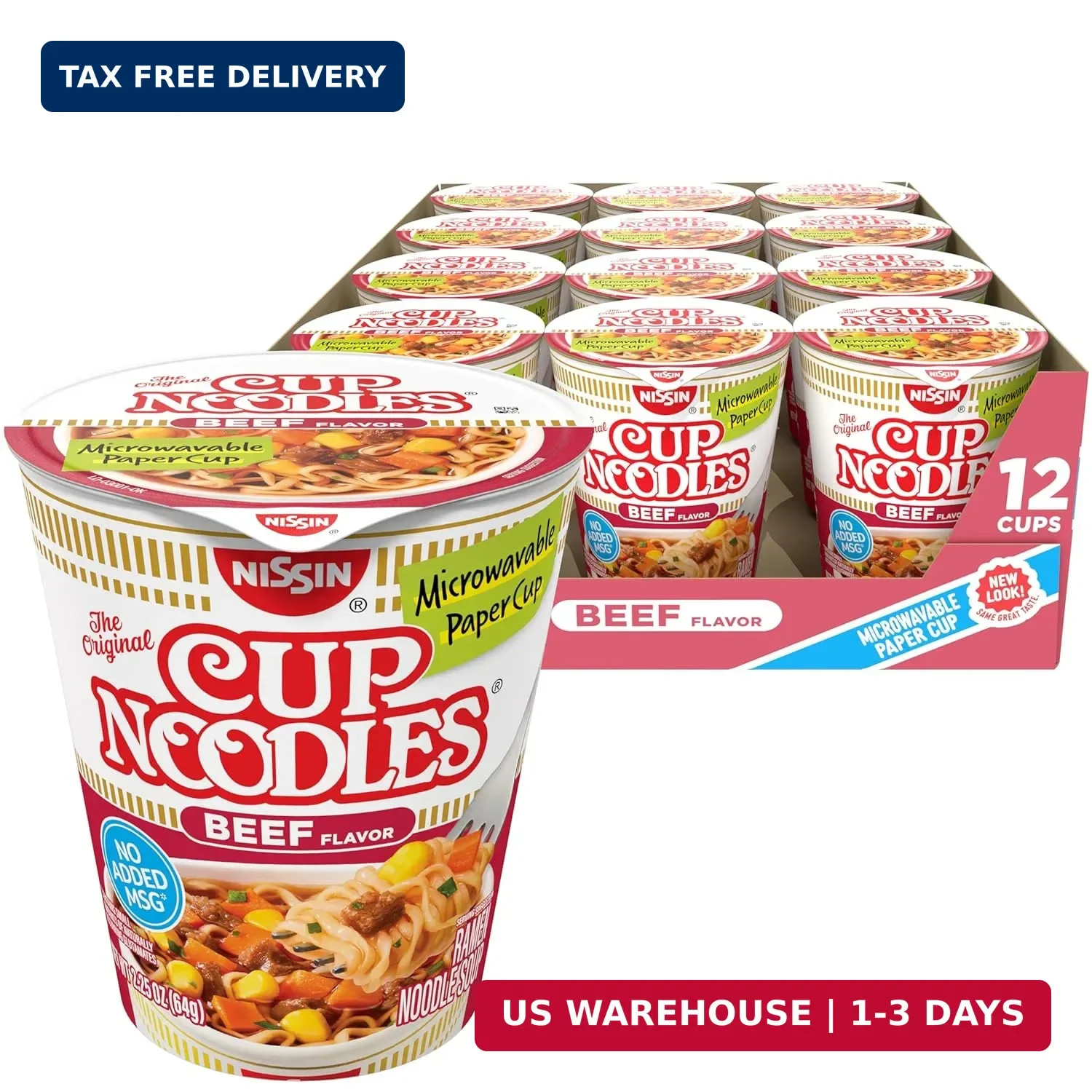 Nissin Cup Noodles Soup, Beef Flavor, Microwaveable Paper Cups, Instant Ramen, 2