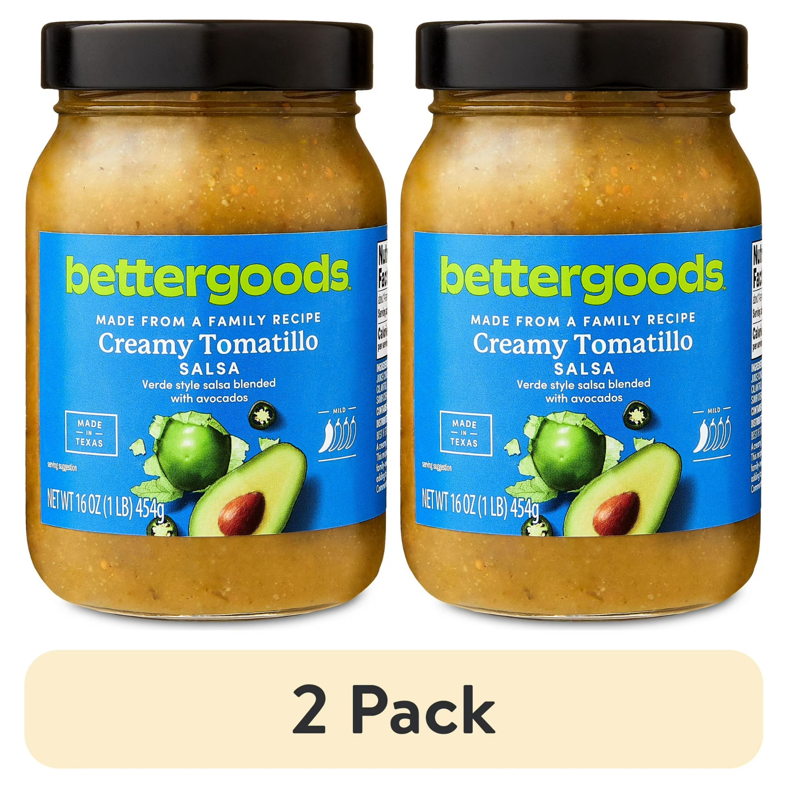 (2 pack) bettergoods Creamy Tomatillo Salsa, Mild, Shelf Stable, 16 oz Glass Jar