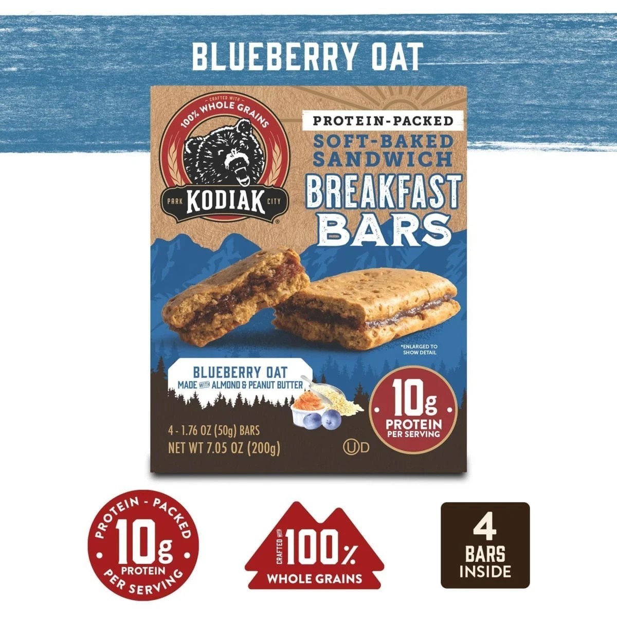 KODIAK Blueberry Oat Breakfast Bars Soft Baked – 4 Bars in 1 Box – 4 PACK
