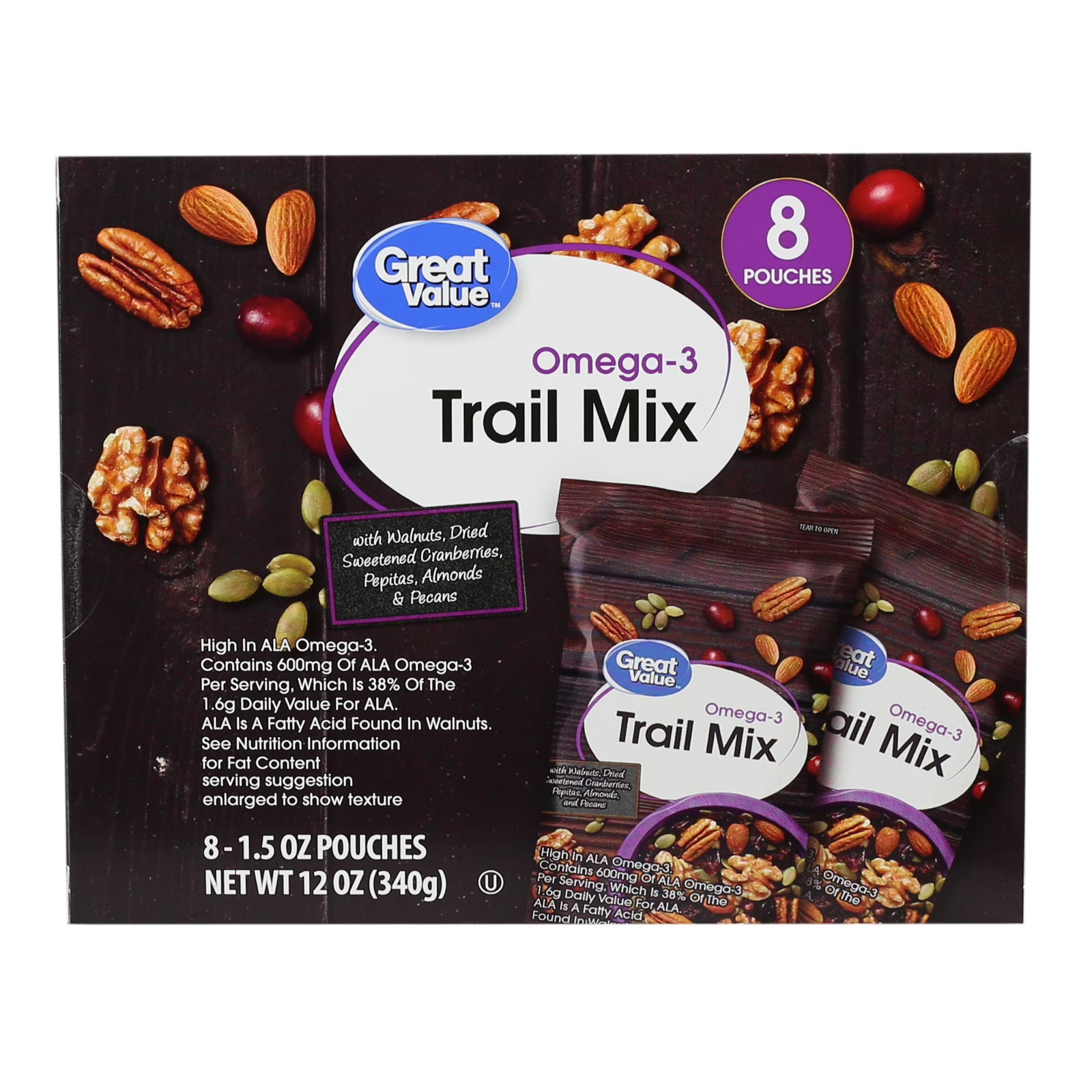 Great Value Omega-3 Trail Mix Snack Packs Nuts Dried Fruit 1.5oz 8 Count..
