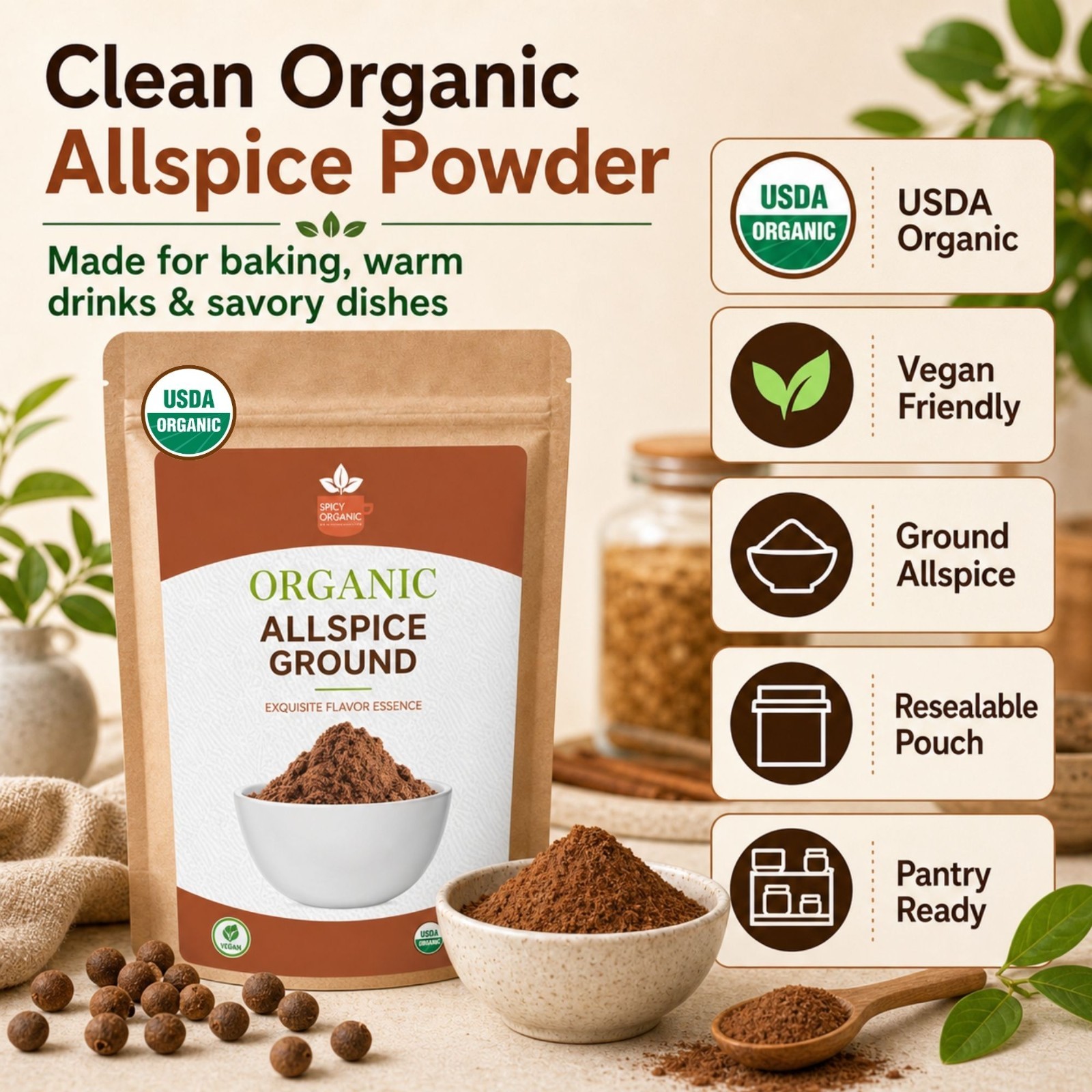 Spicy Organic Allspice Ground Powder 8 oz | USDA Organic