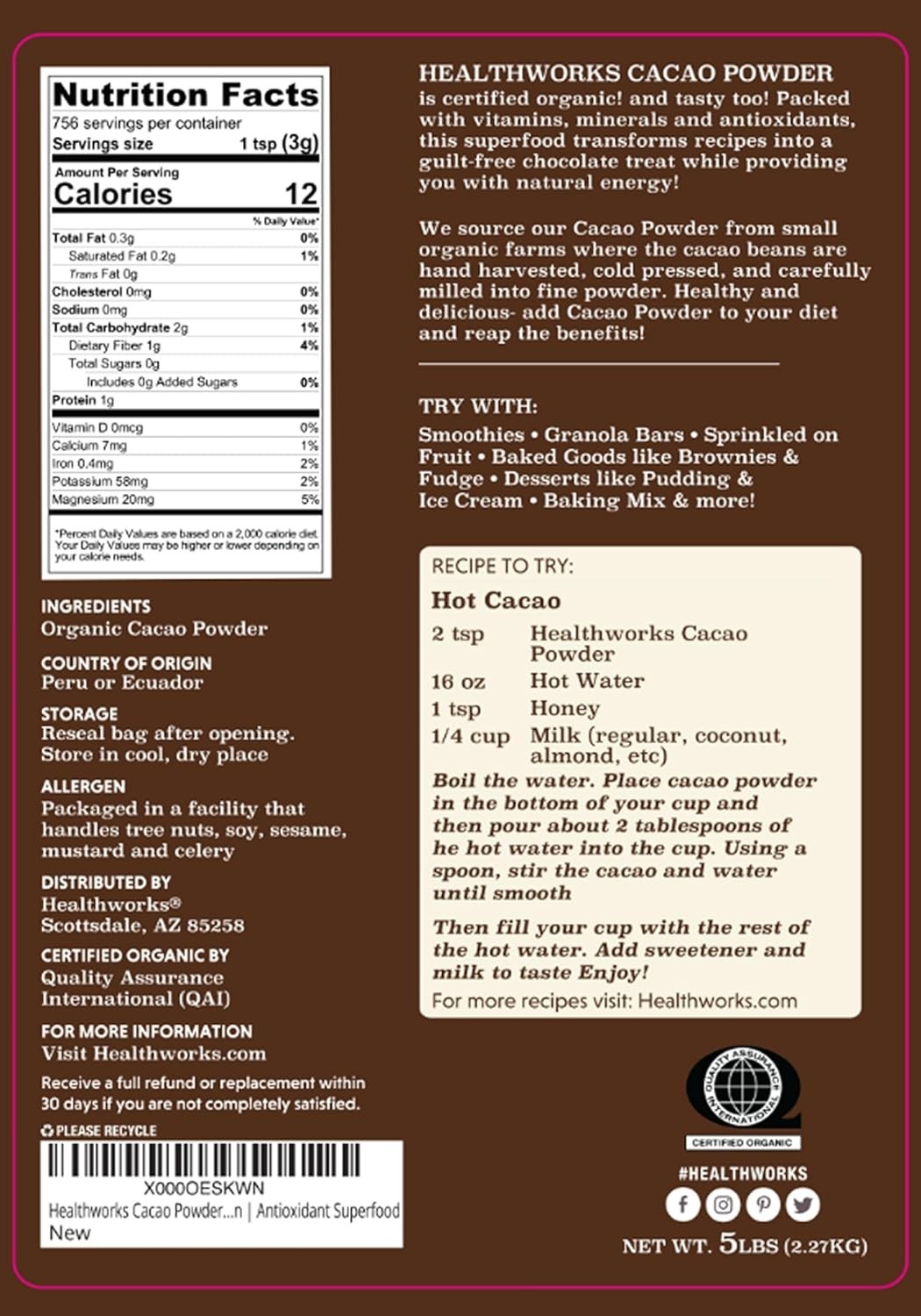 SALE! Organic Cacao Powder – / 5 Lb – Cocoa Chocolate