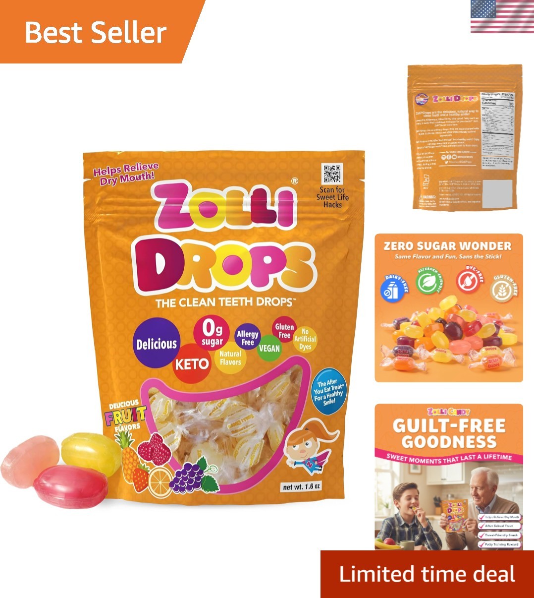 Sugar-Free Zolli Drops Lollipops – Xylitol Candy for Kids & Adults, 15 Count Bag