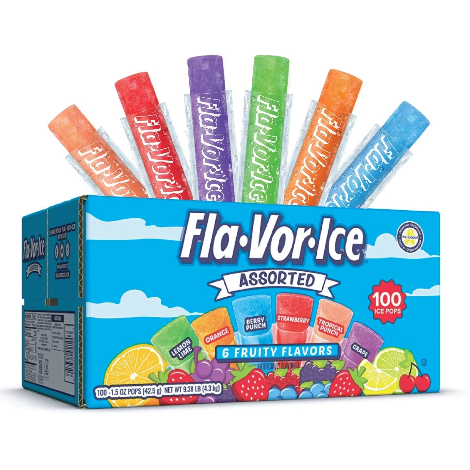 Fla-Vor-Ice Assorted Gluten Free Freezer Fruit Ice Pops, 1.5 oz, 100 Count.