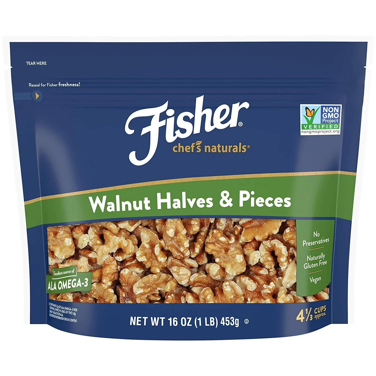 Fisher Chef’s Naturals Gluten Free, Non-GMO Walnut Halves & Pieces, 16 oz Bag