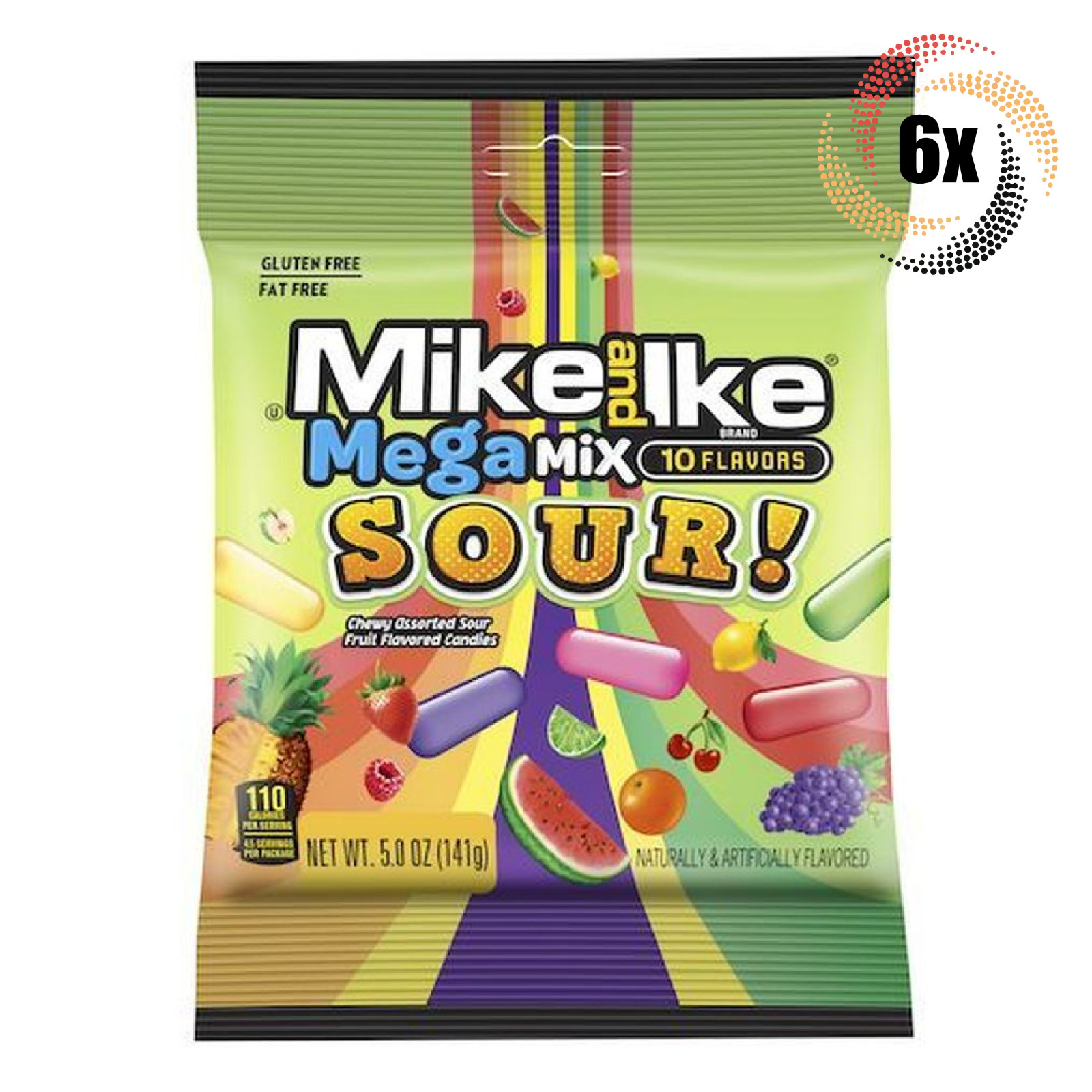 6x Bags Mike and Ike Mega Mix Sour 10 Assorted Flavors Chewy Candy | 5oz
