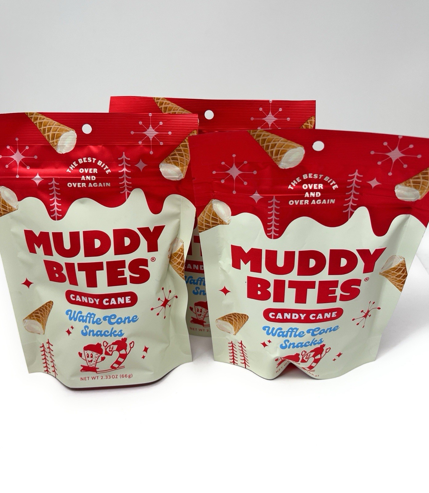 Muddy Bites Candy Cane Waffle Cone Snacks Limited Edition Lot of 3
