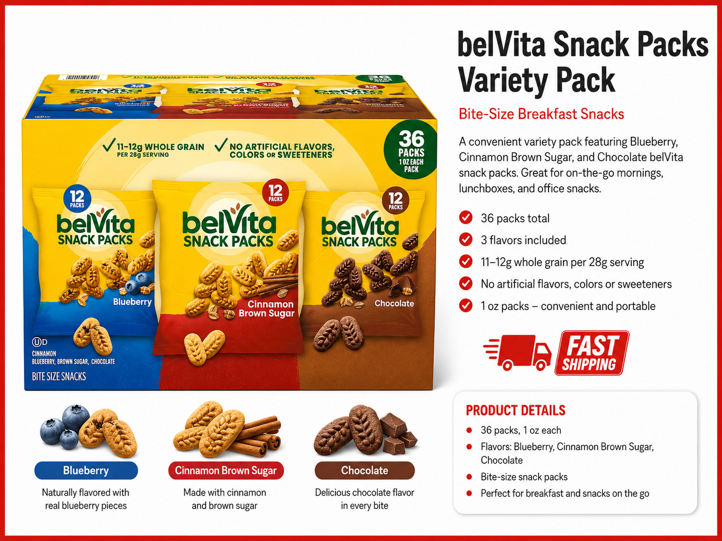BelVita Breakfast Biscuits Variety Chocolate Cinnamon Blueberry 36ct