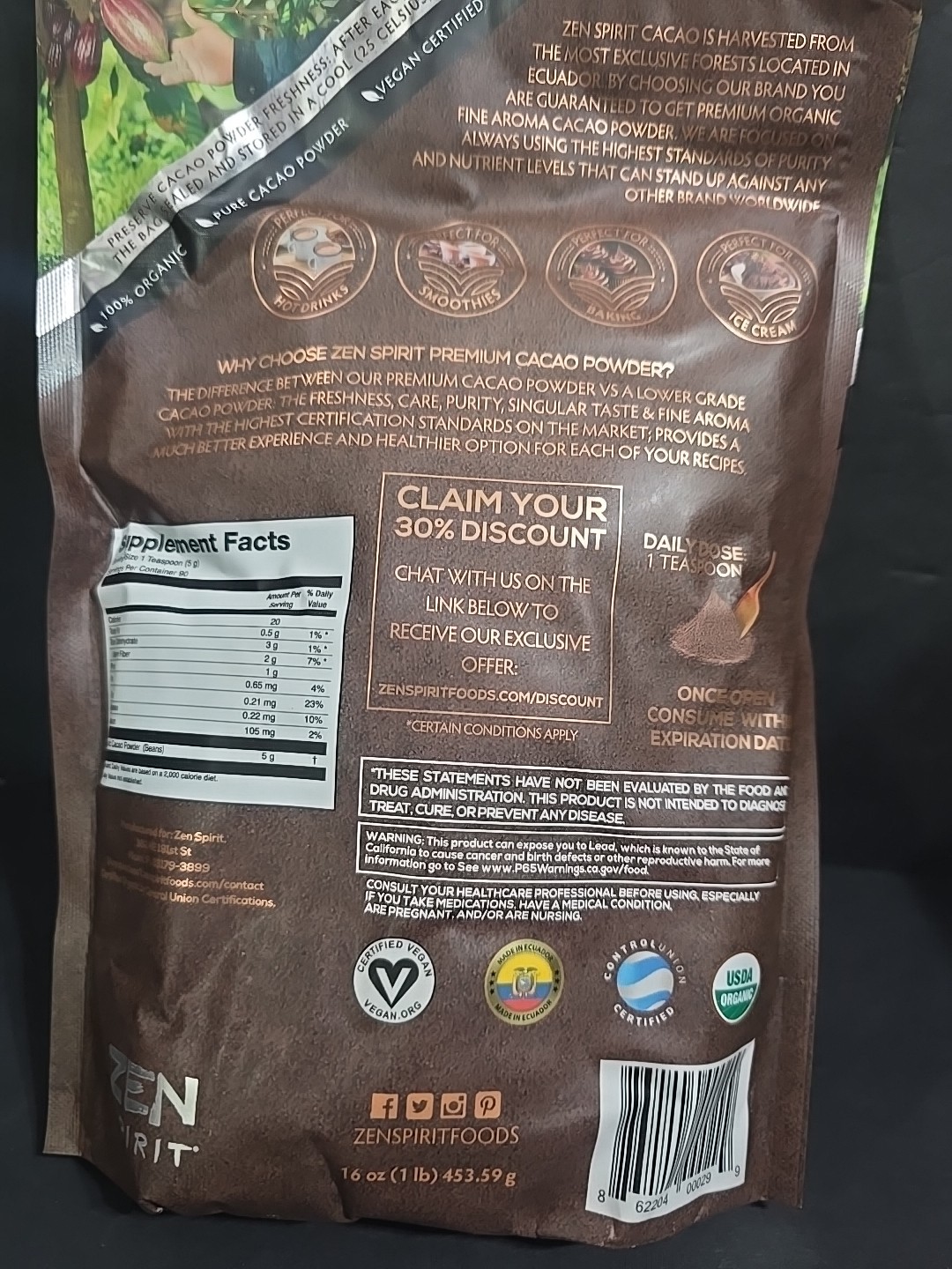 Cacao Organic Cocoa Powder 1 lb. Premium Raw Powder Dietary Supplement.Exp 9/27