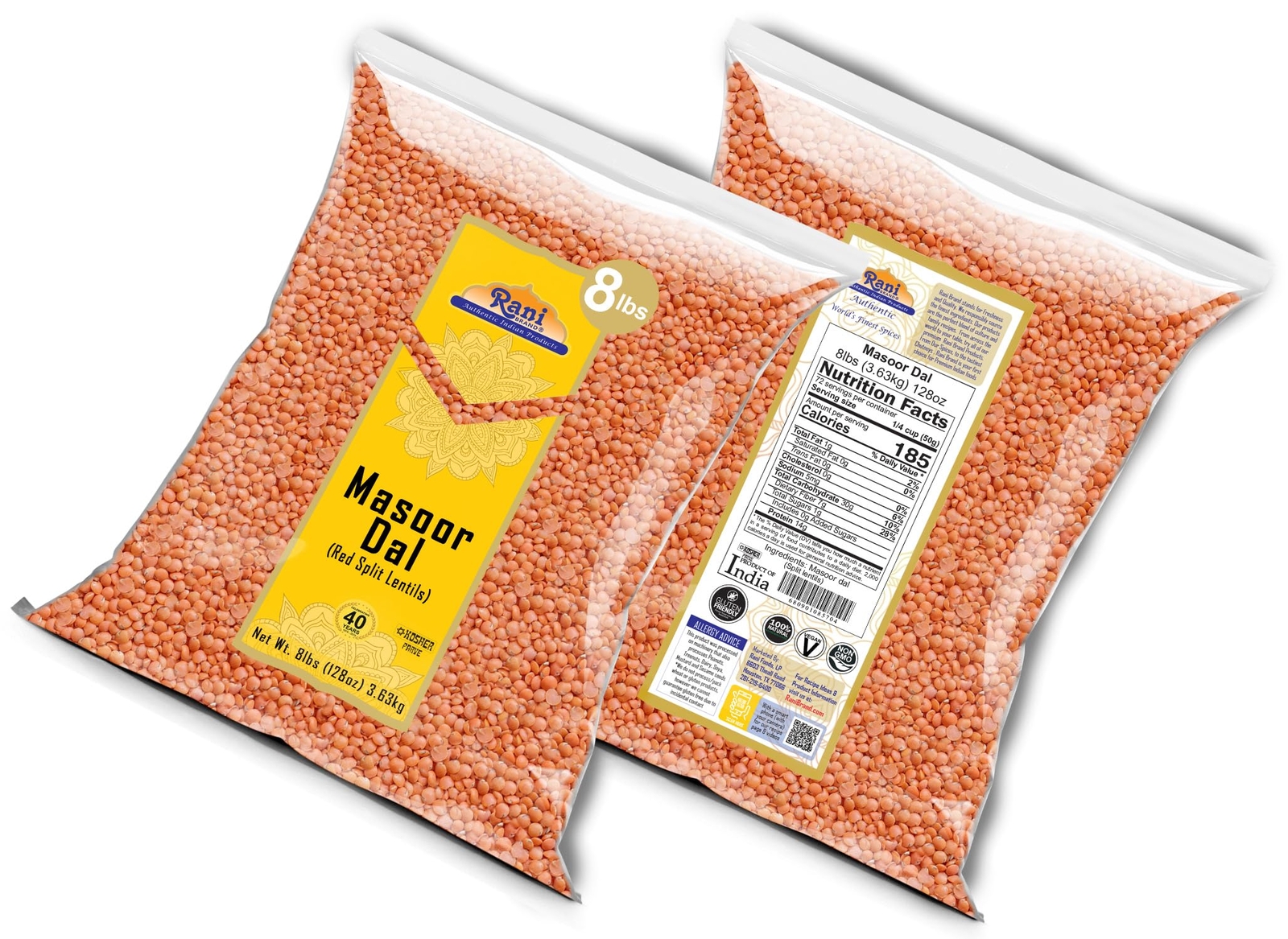 Rani Masoor Dal (Indian Split Red Lentils) Split Gram 8lbs (40lbs) Pack of 5