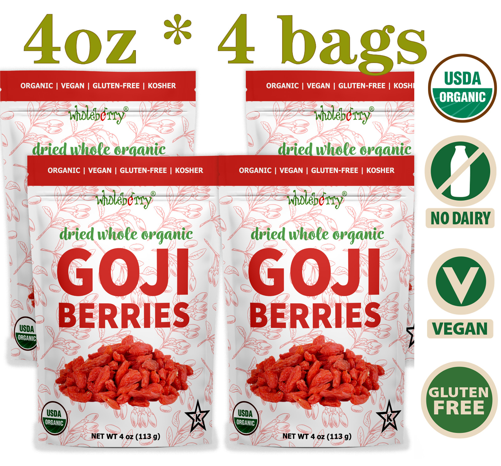 Organic Dried Goji Berries Superfood Raw Vegan Wolfberries by Wholeberry