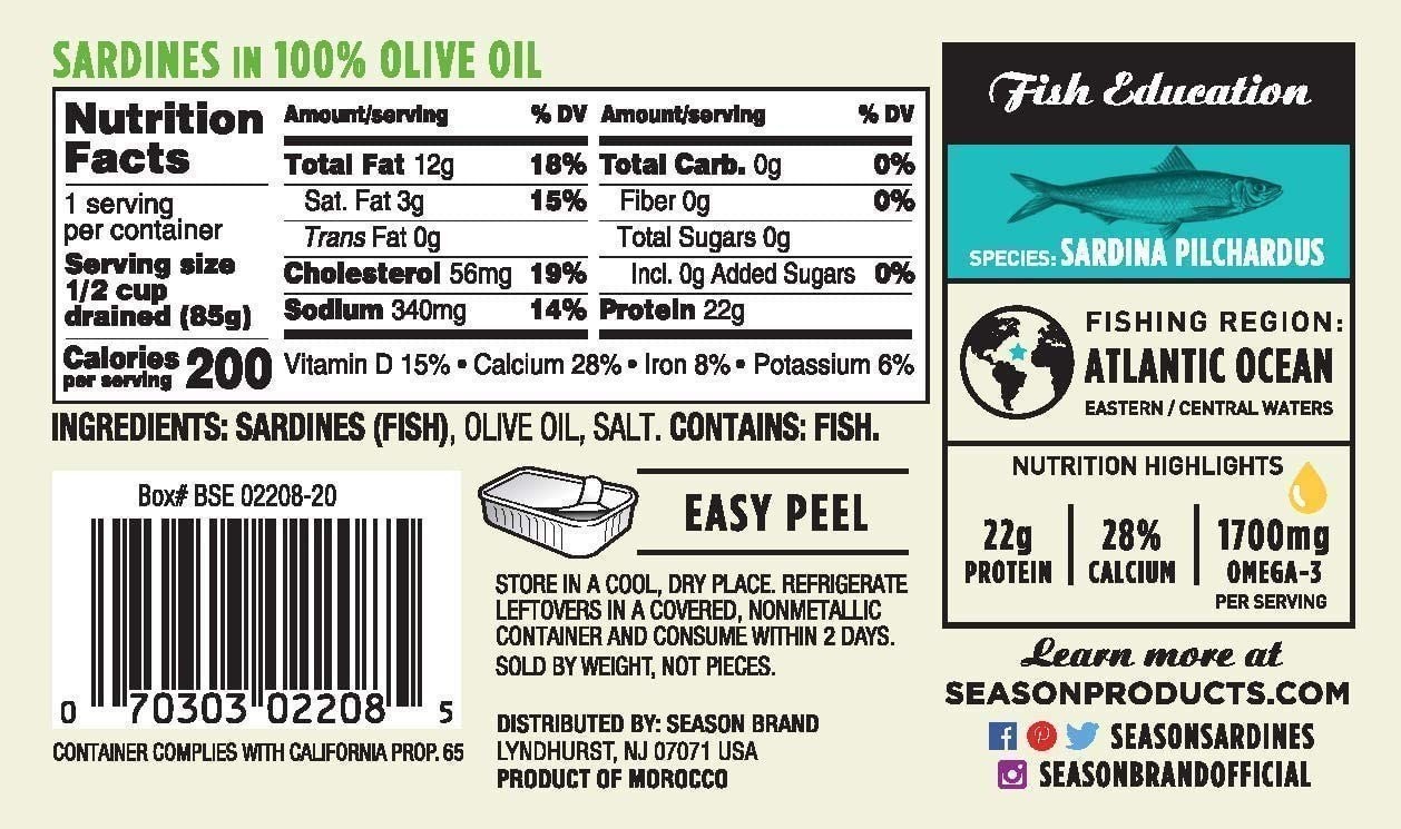 Season Sardines in Pure Olive Oil, 4.375-Oz Cans (2 Packs Of 6) 12 Cans
