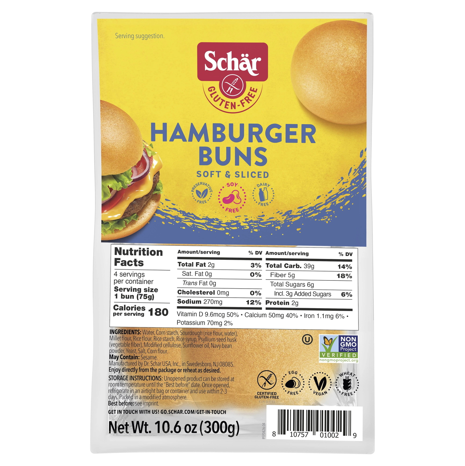 4 Count,Schar Gluten Free Hamburger Buns, 10.6 oz