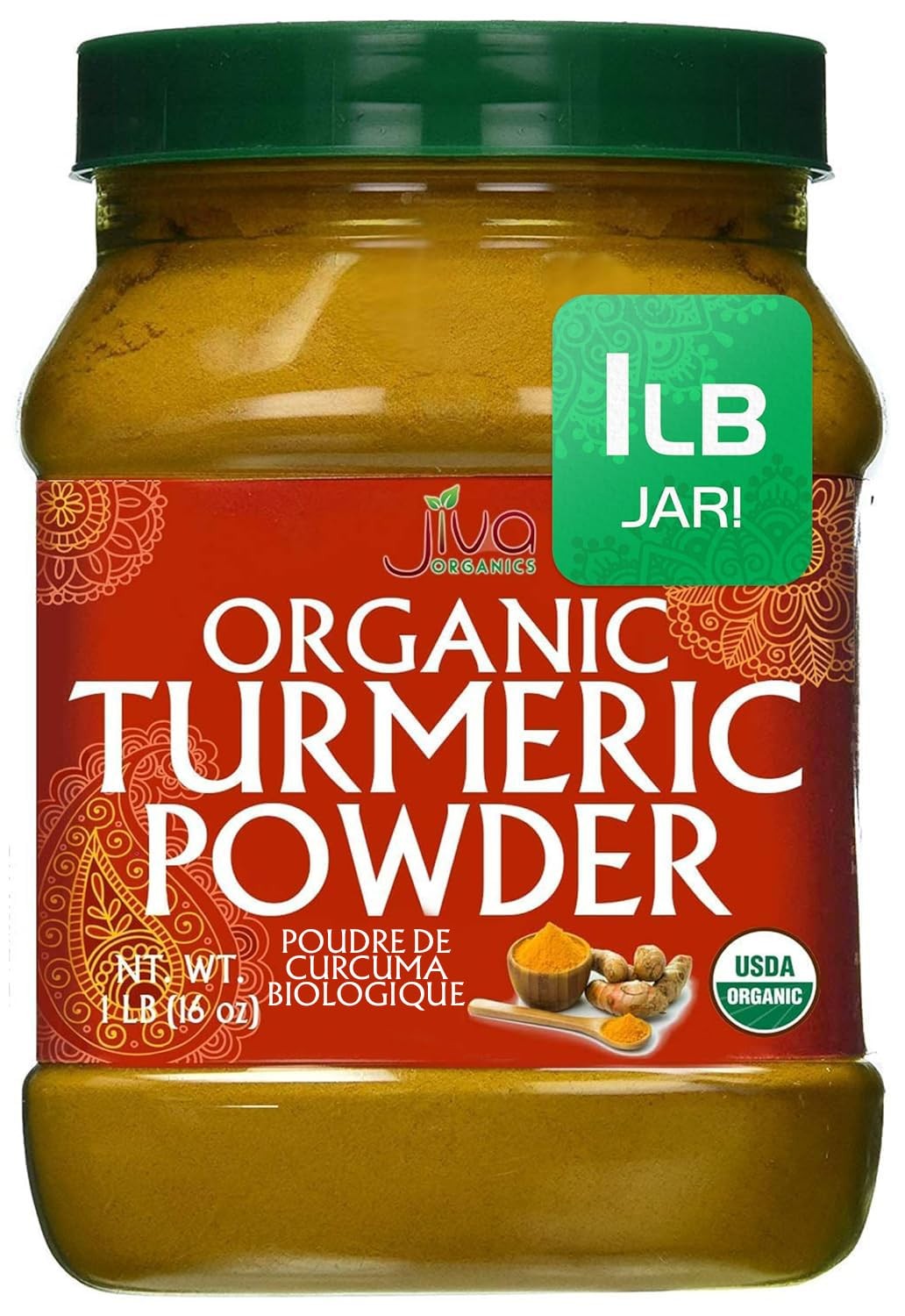 Organic Turmeric Powder 1 Pound Jar by Jiva 1 (Pack of 1), Yellow