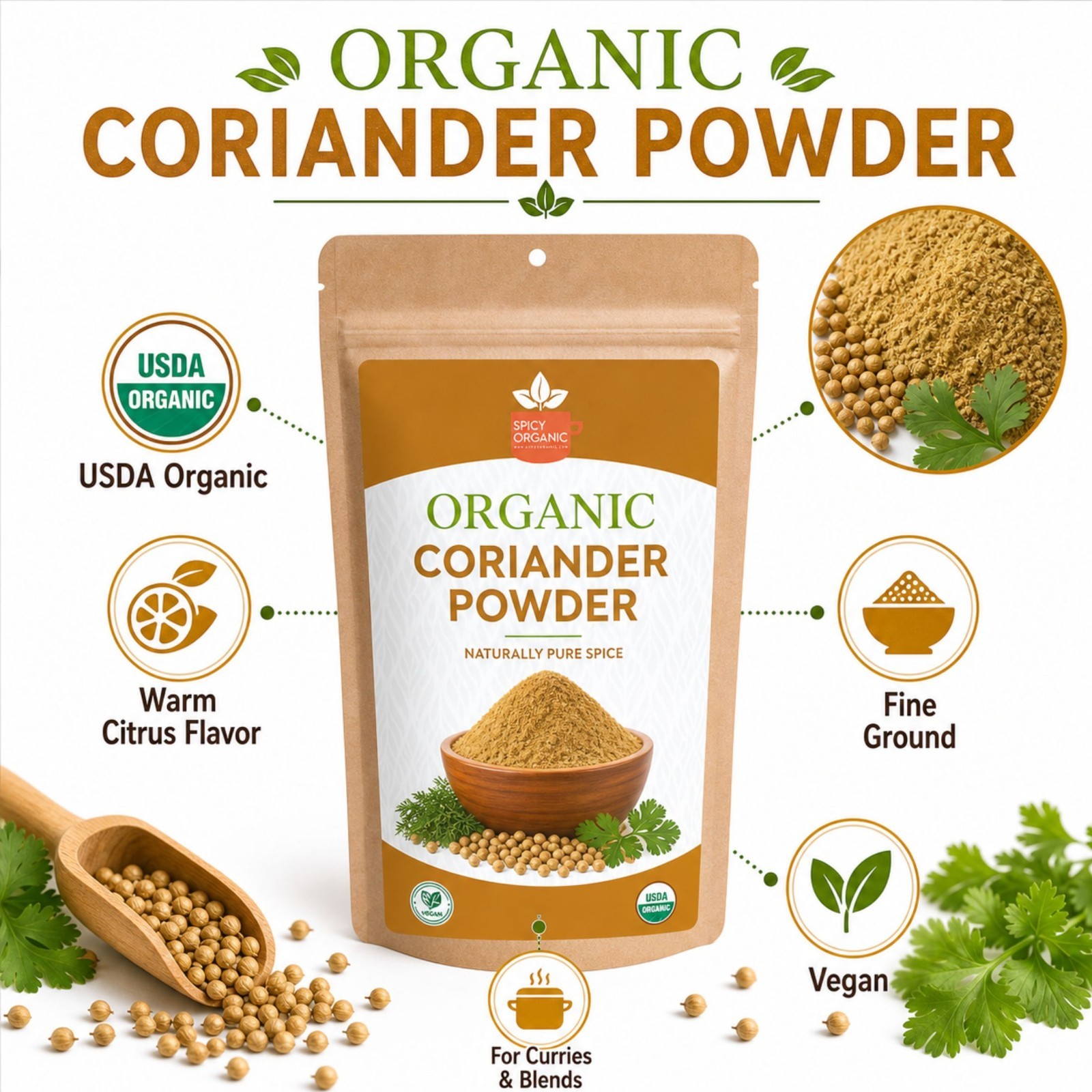 Spicy Organic Coriander Powder 16 oz | USDA Organic