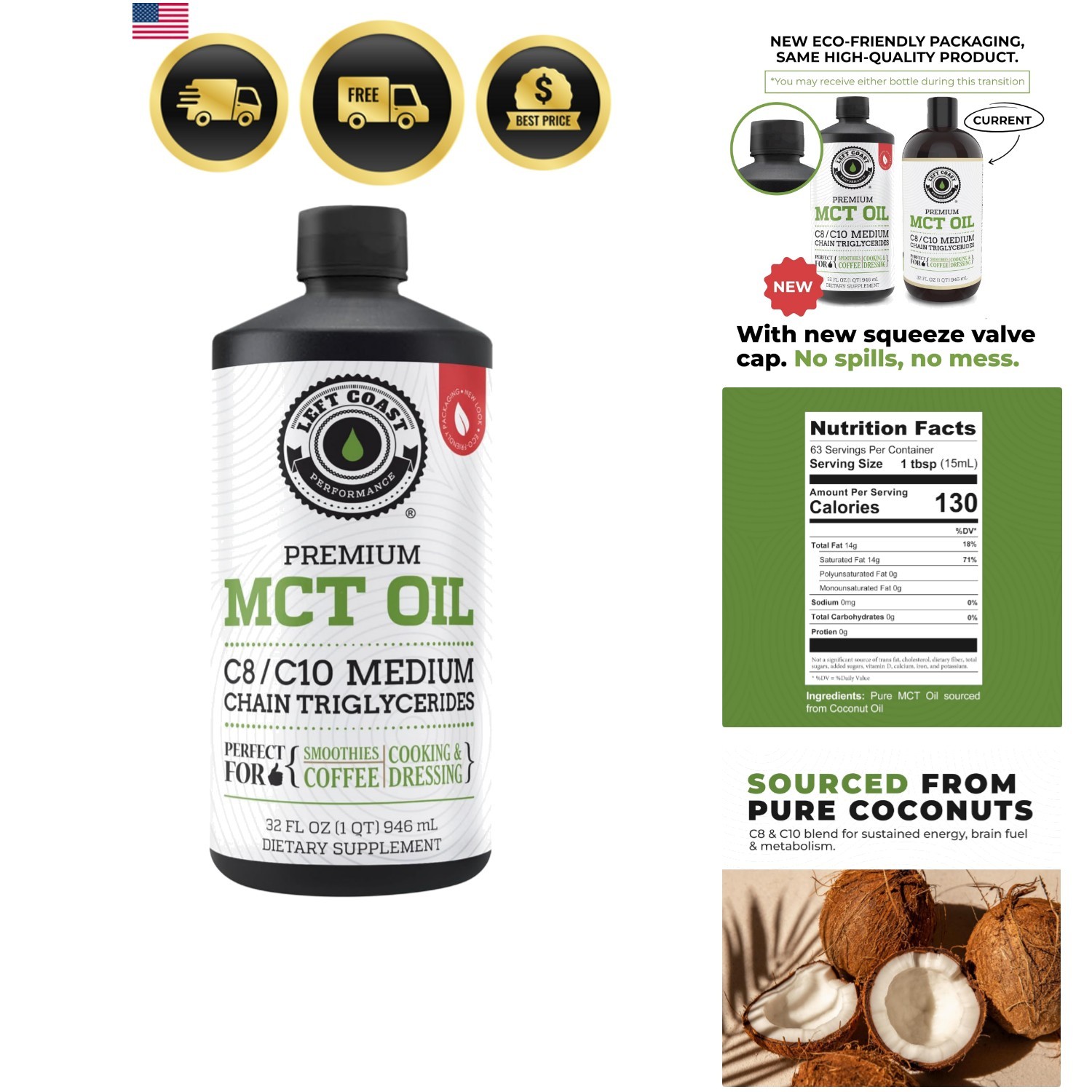 Coconut MCT Oil Liquid 32oz Keto Energy Support Focus Paleo