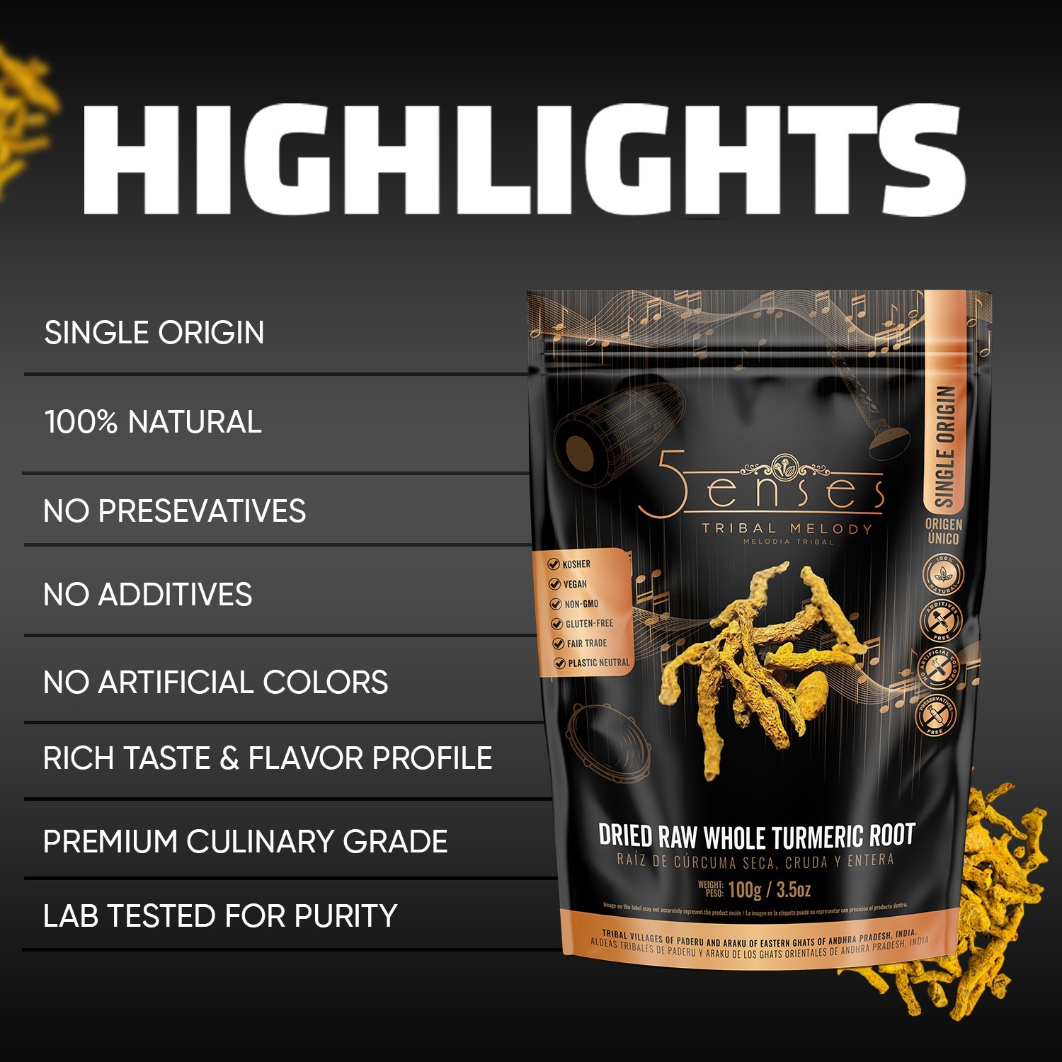 5Senses Dried Whole Turmeric Root | Curcuma | Single Origin Non-GMO, Fairtrade