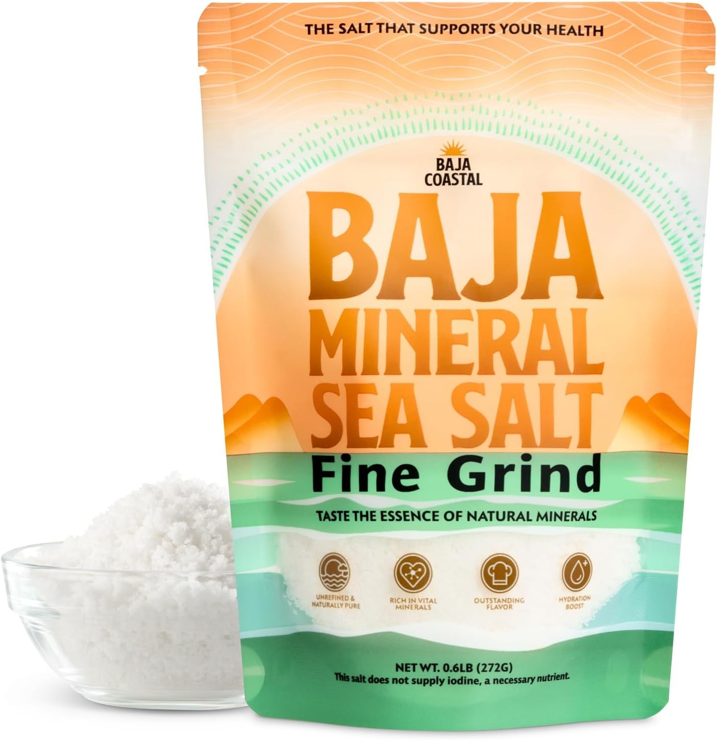 Baja Mineral Sea Salt, Fine Grind, 0.6lb – 9.6oz. 100% Organic & Unrefined, Rich