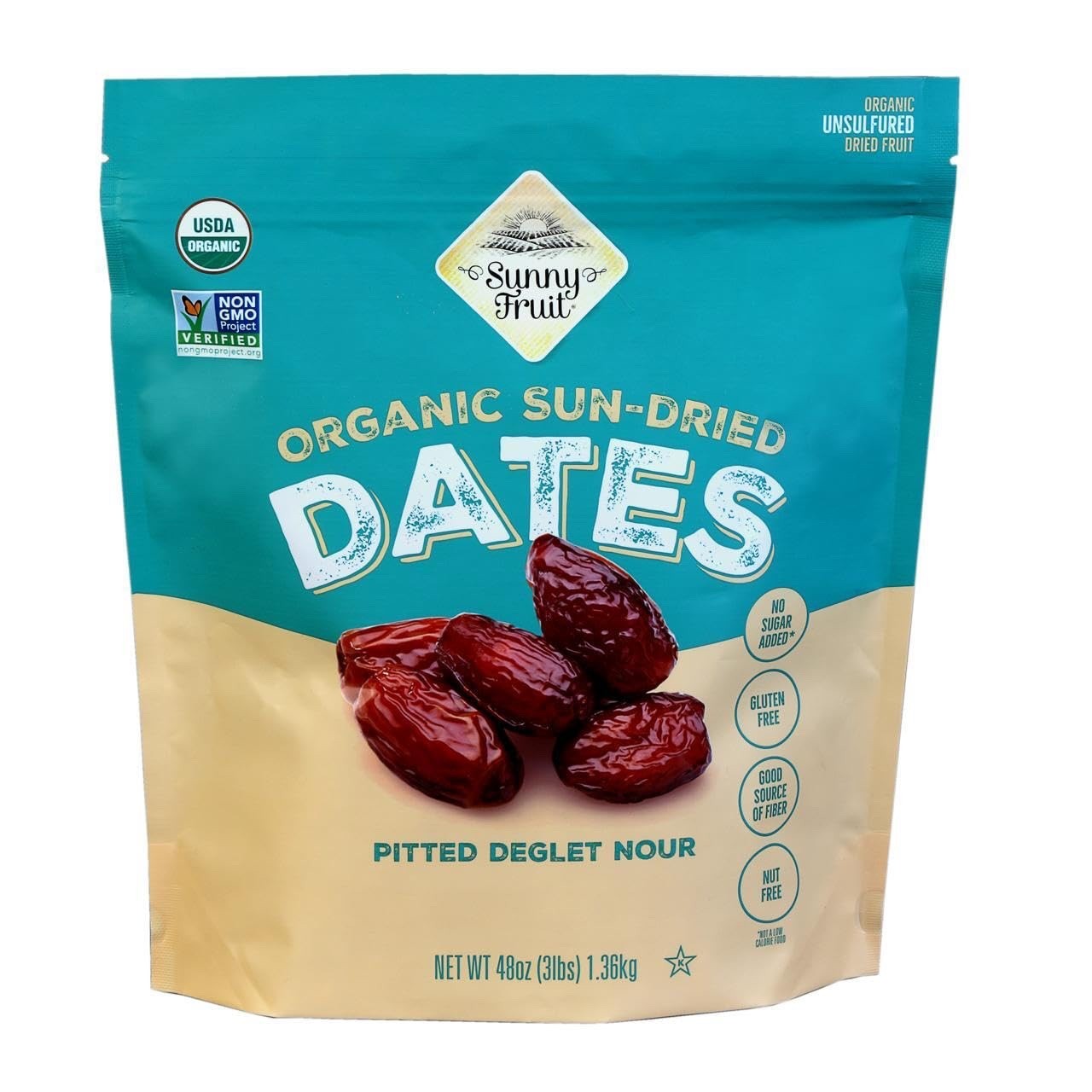 Sunny Fruit Organic Whole Sun-Dried Pitted Dates, 48 oz Bag GF Healthy Snack