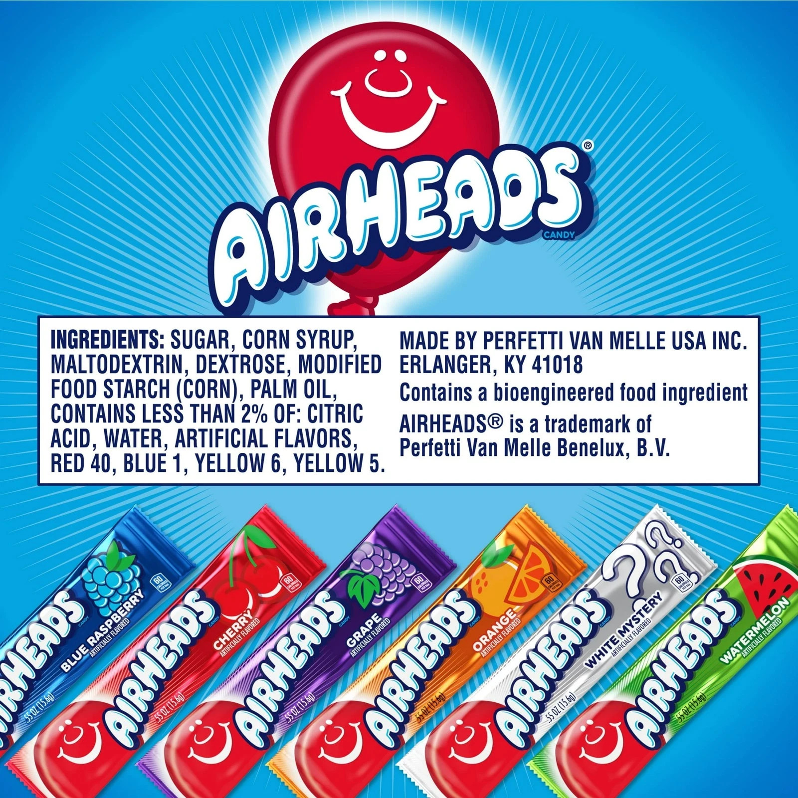 Airheads Chewy Candy Bars, Assorted Flavors, Nut Free, Regular Size, 33 oz, 60 C