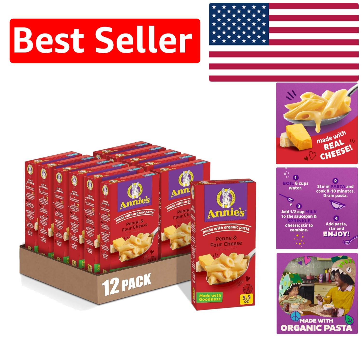 Annie’s Penne & Four Cheese – Organic Pasta with Real Cheese, 5.5 oz Pack of 12
