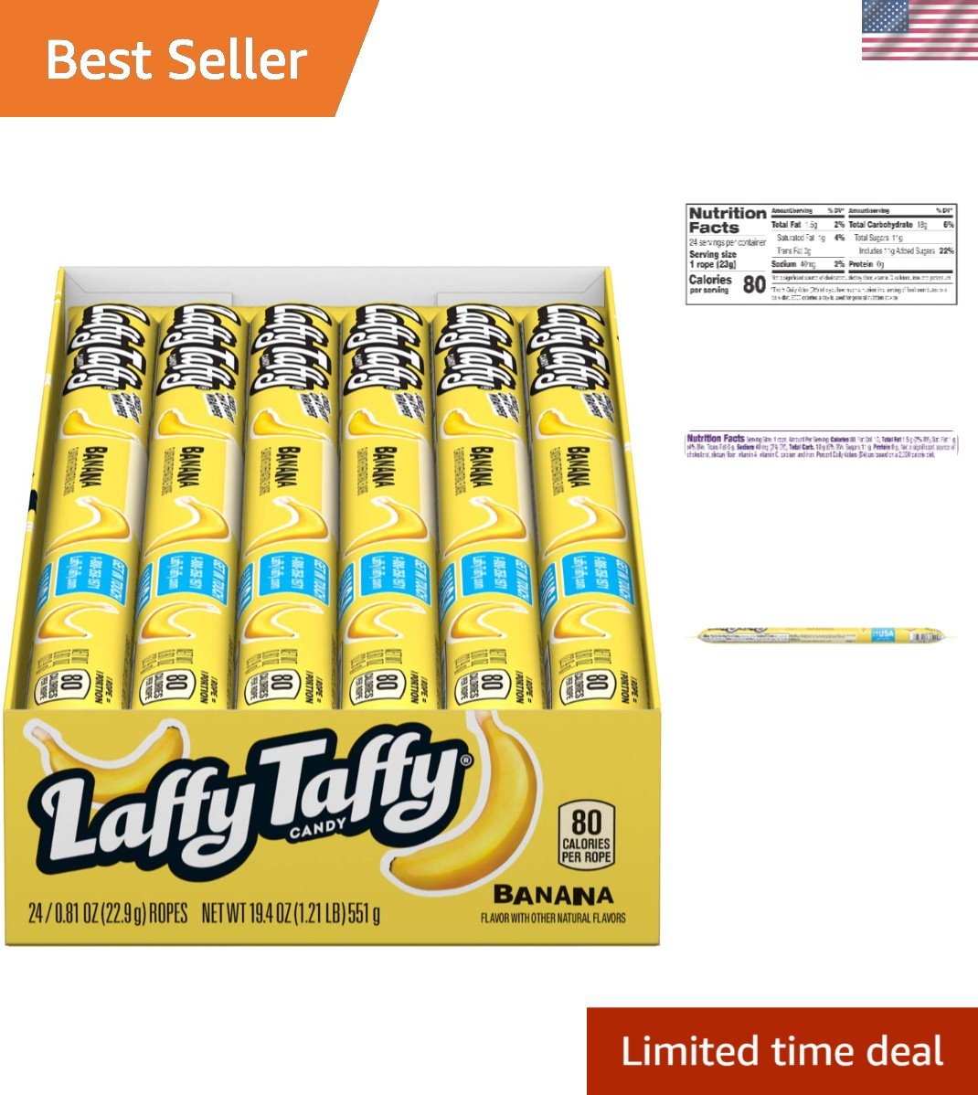 Individually Wrapped Banana Taffy Ropes, 24-Pack for School Treats
