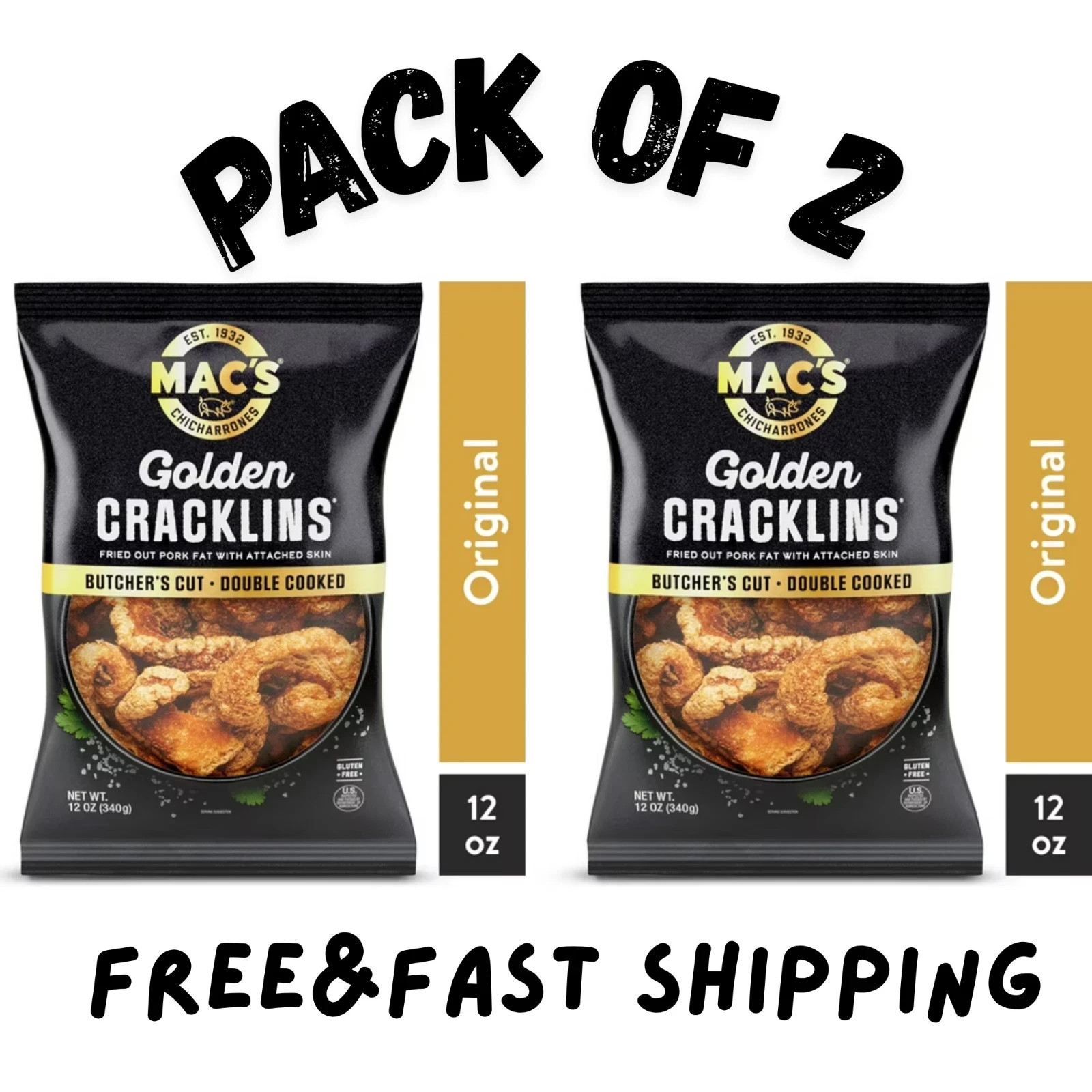 Mac’s Chicharrones Golden Cracklin Curls, Fried Pork Fat with Skin, 12 oz, 2Pack